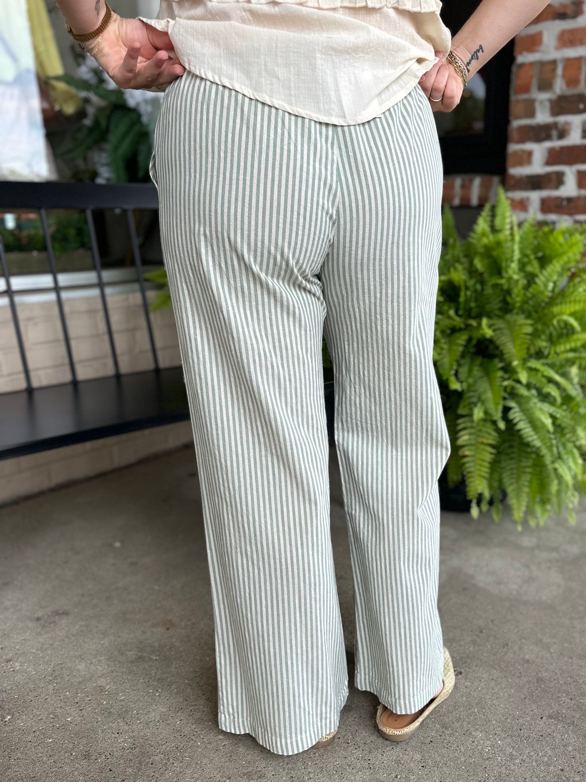 Sage Striped Wide Linen Pants