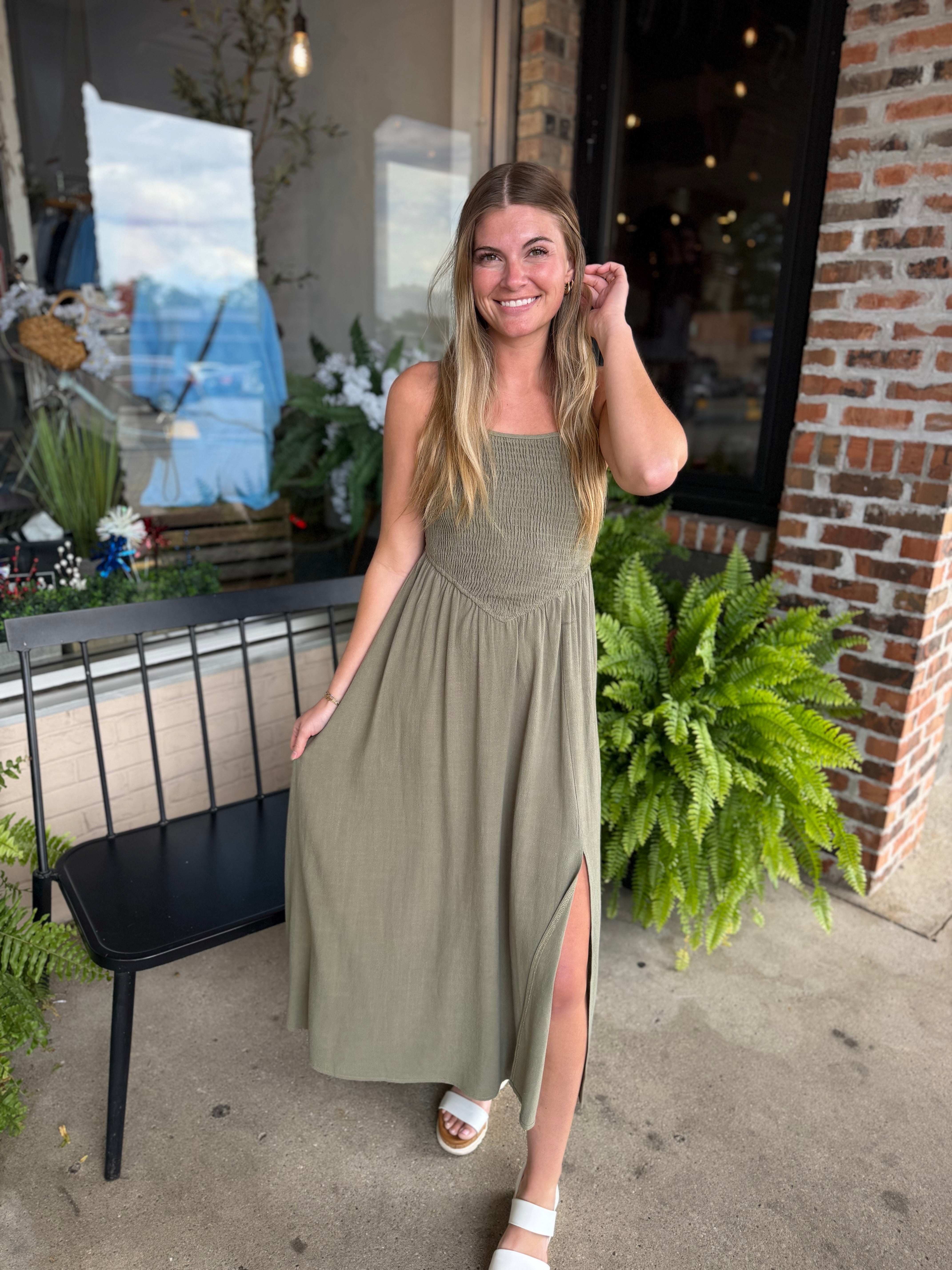 Olive Smocked Midi Dress