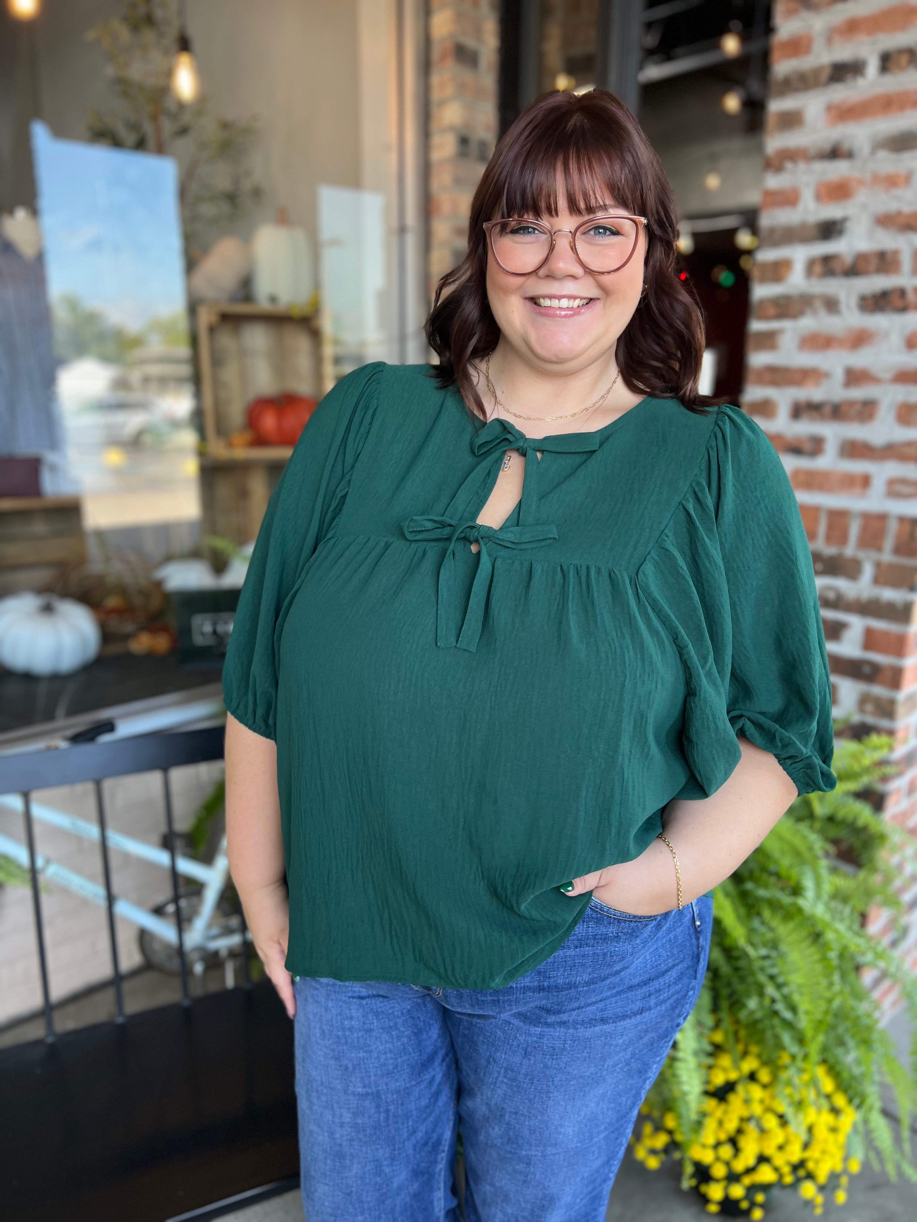 Plus Hunter Green Front Tie Top