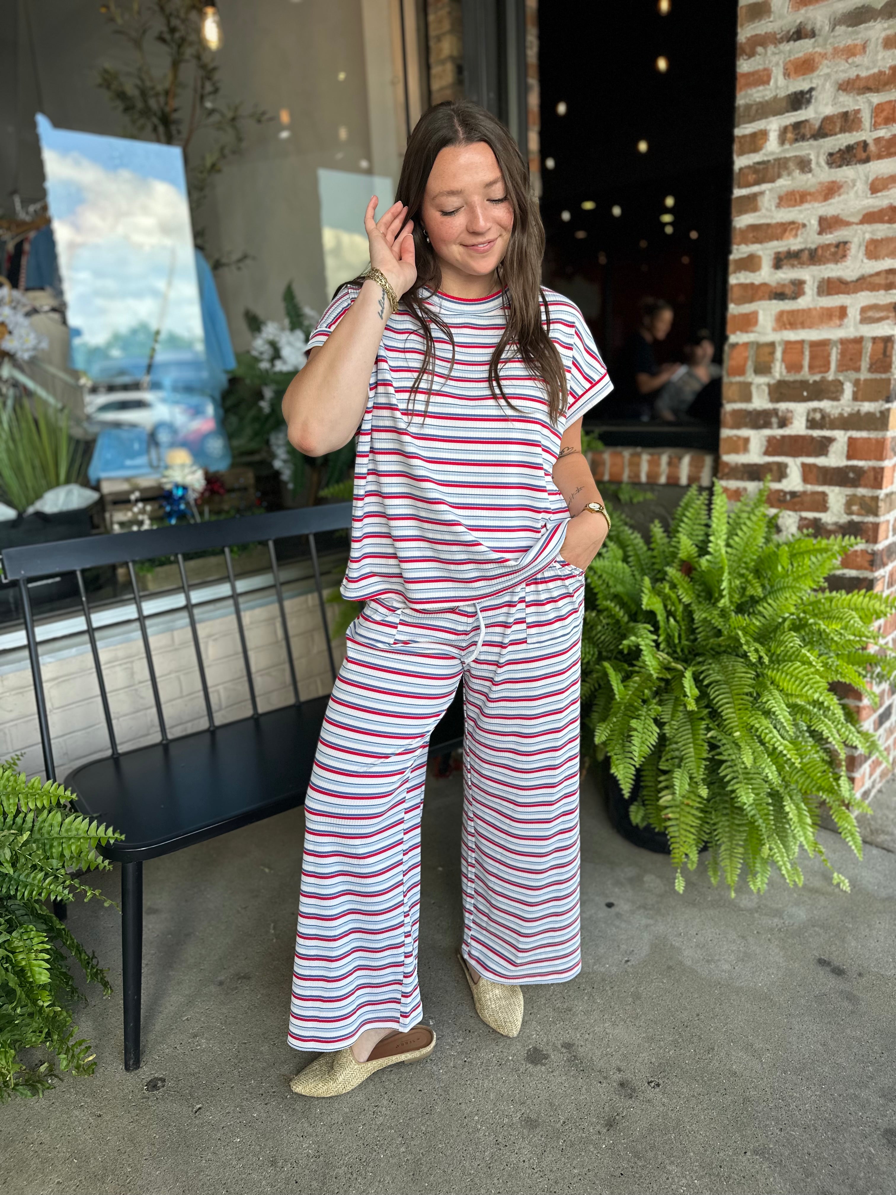 Red and Blue Ribbed Striped Pants