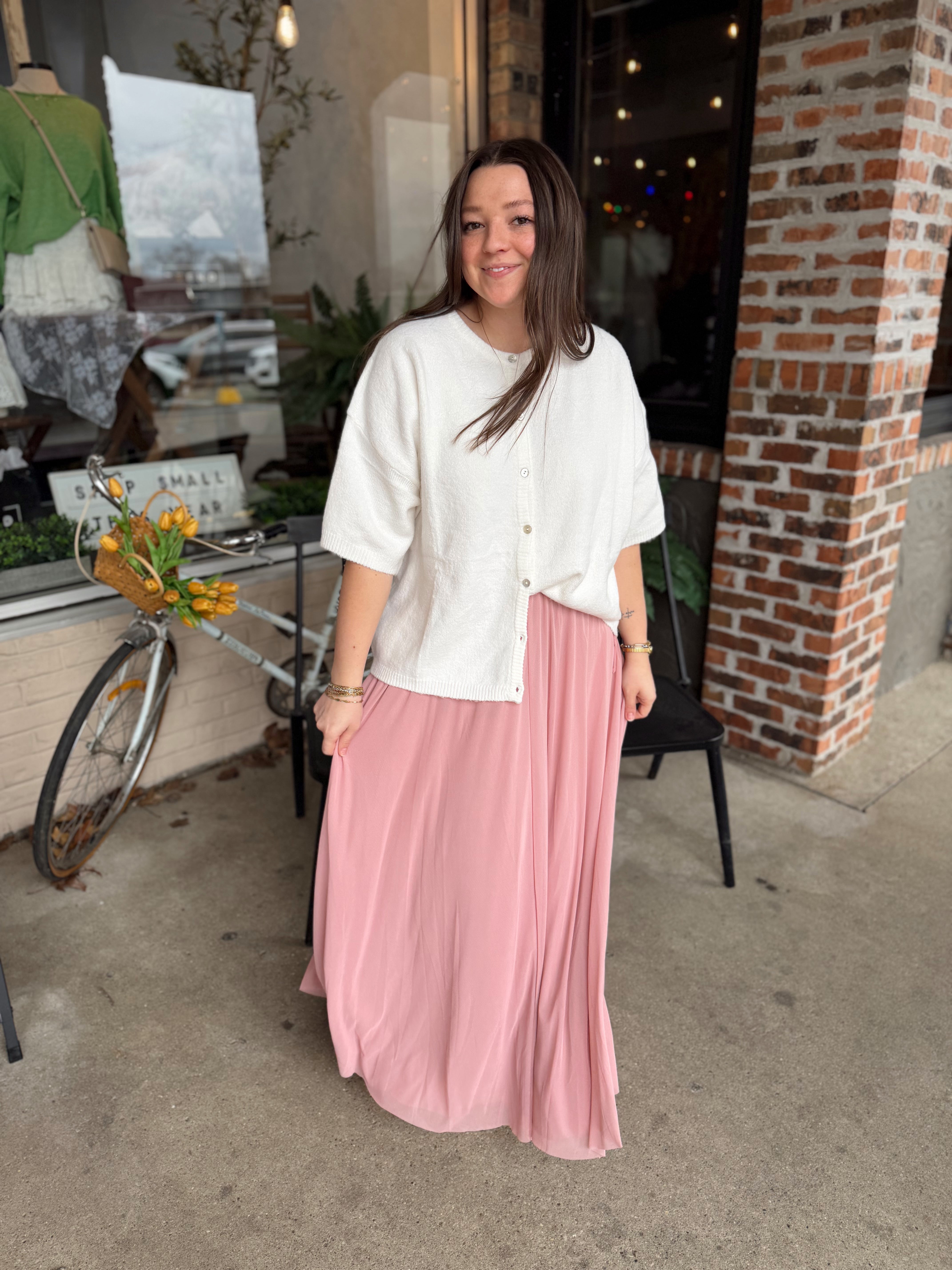 Pink Flowy Mesh Maxi Skirt