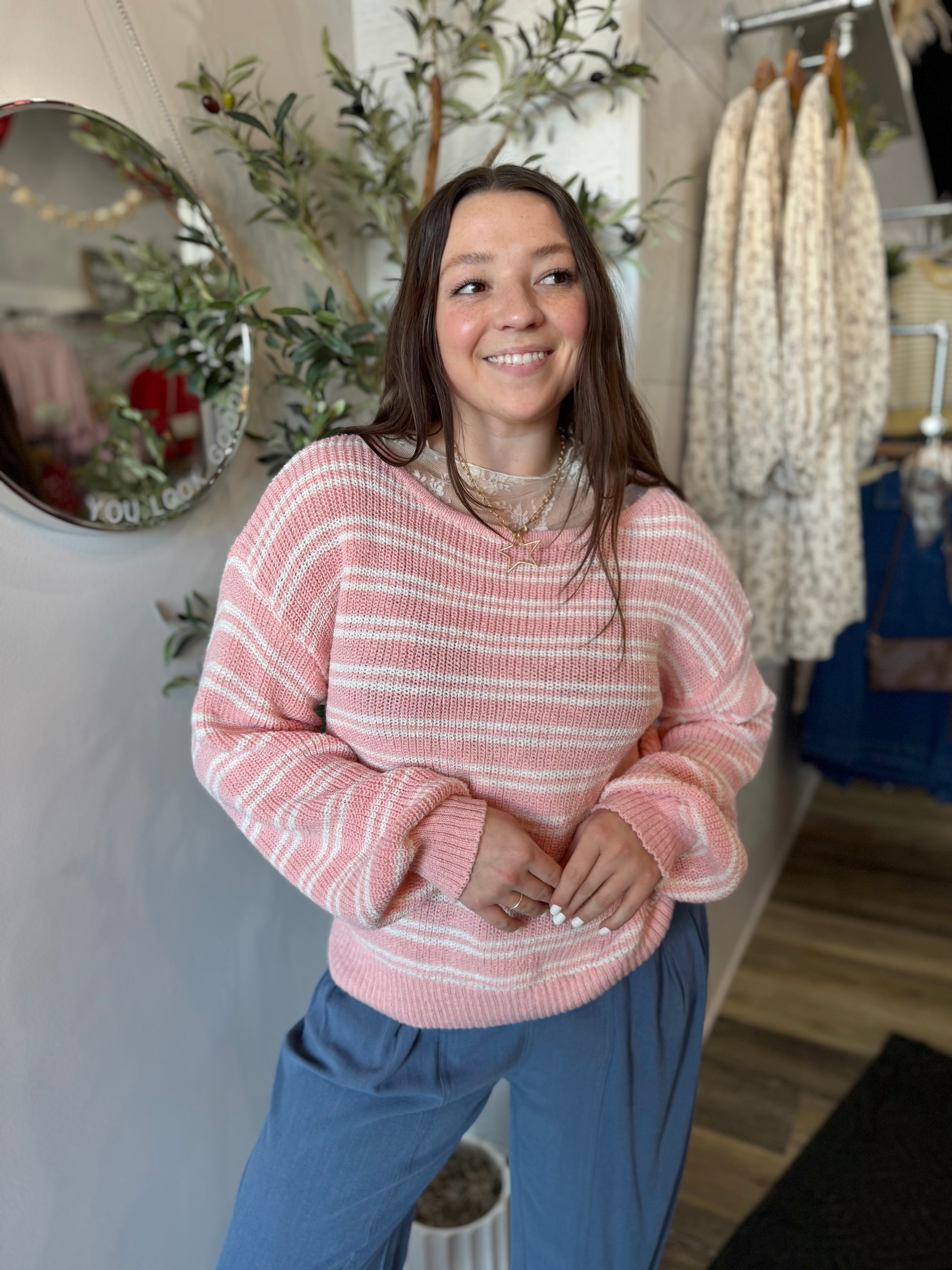 Salmon Stripe Boat Neck Sweater