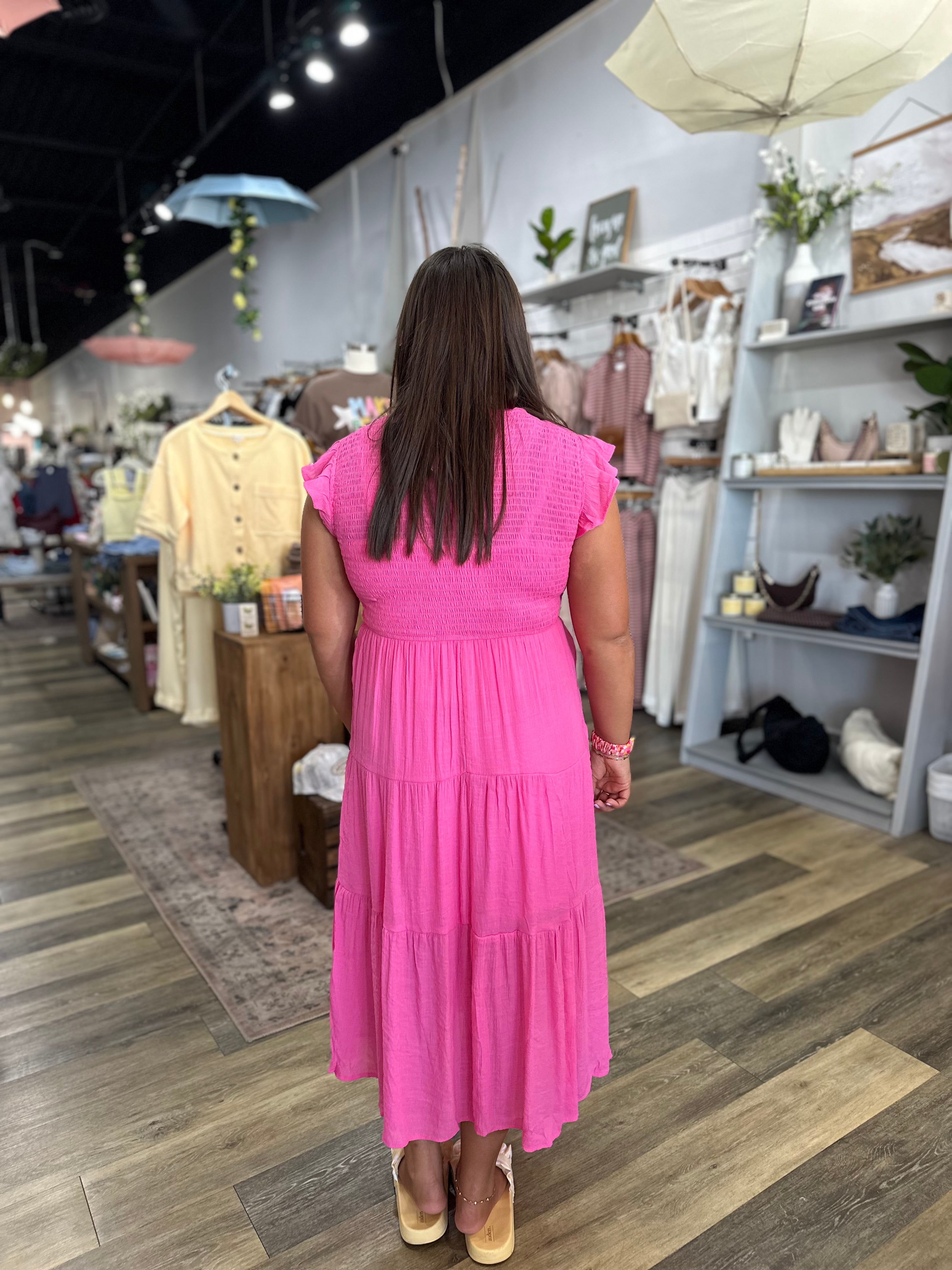 Pink Smocked Midi Dress