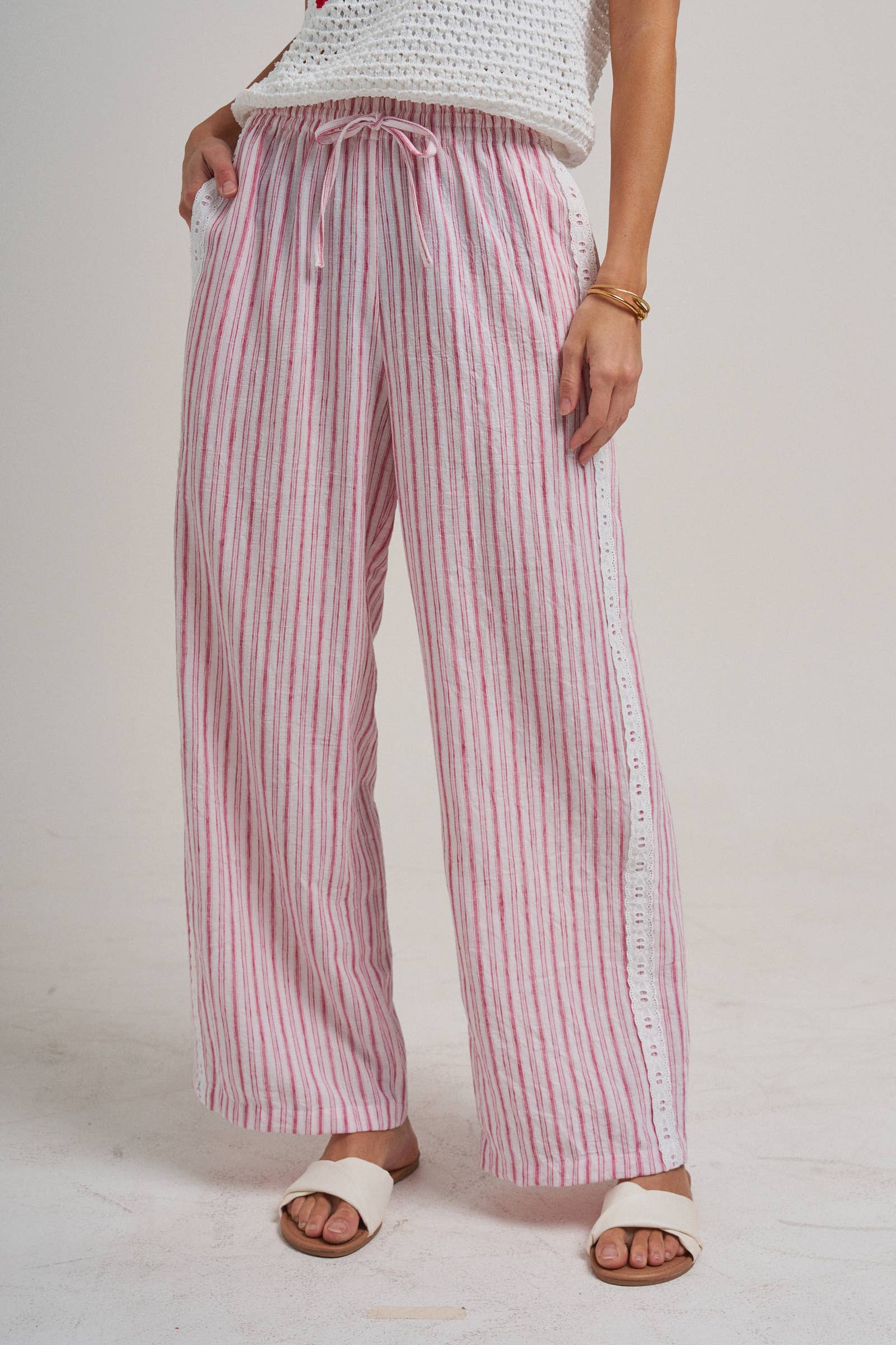 Red Stripe Lace Trim Pants