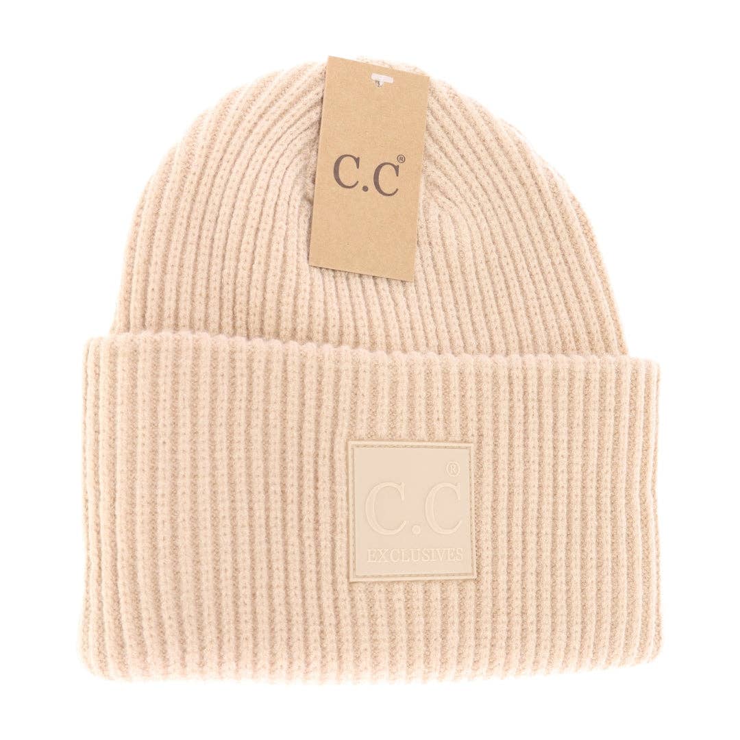 Beige Solid Ribbed Beanie