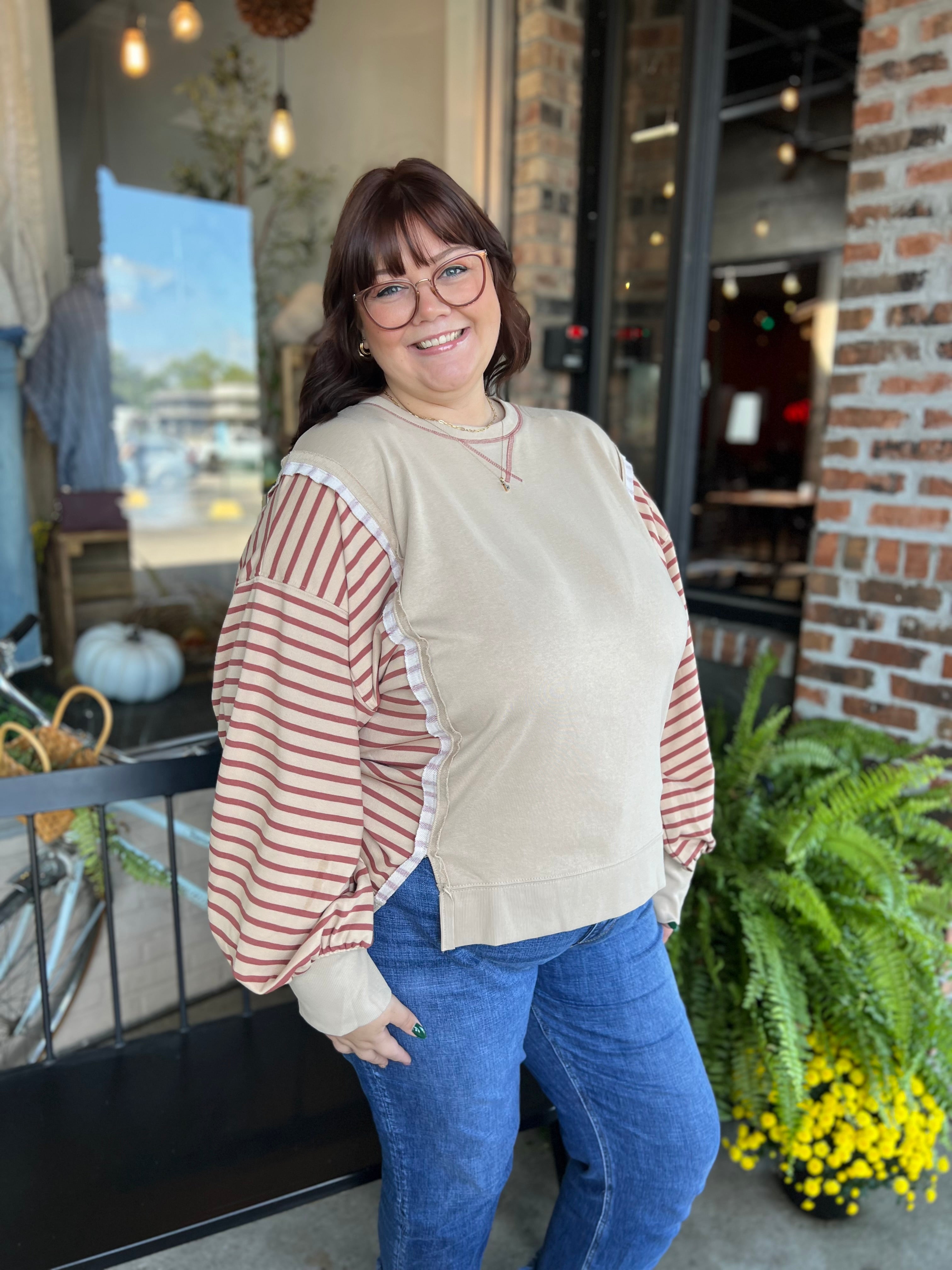 Plus Beige Oversized Striped Knit Top