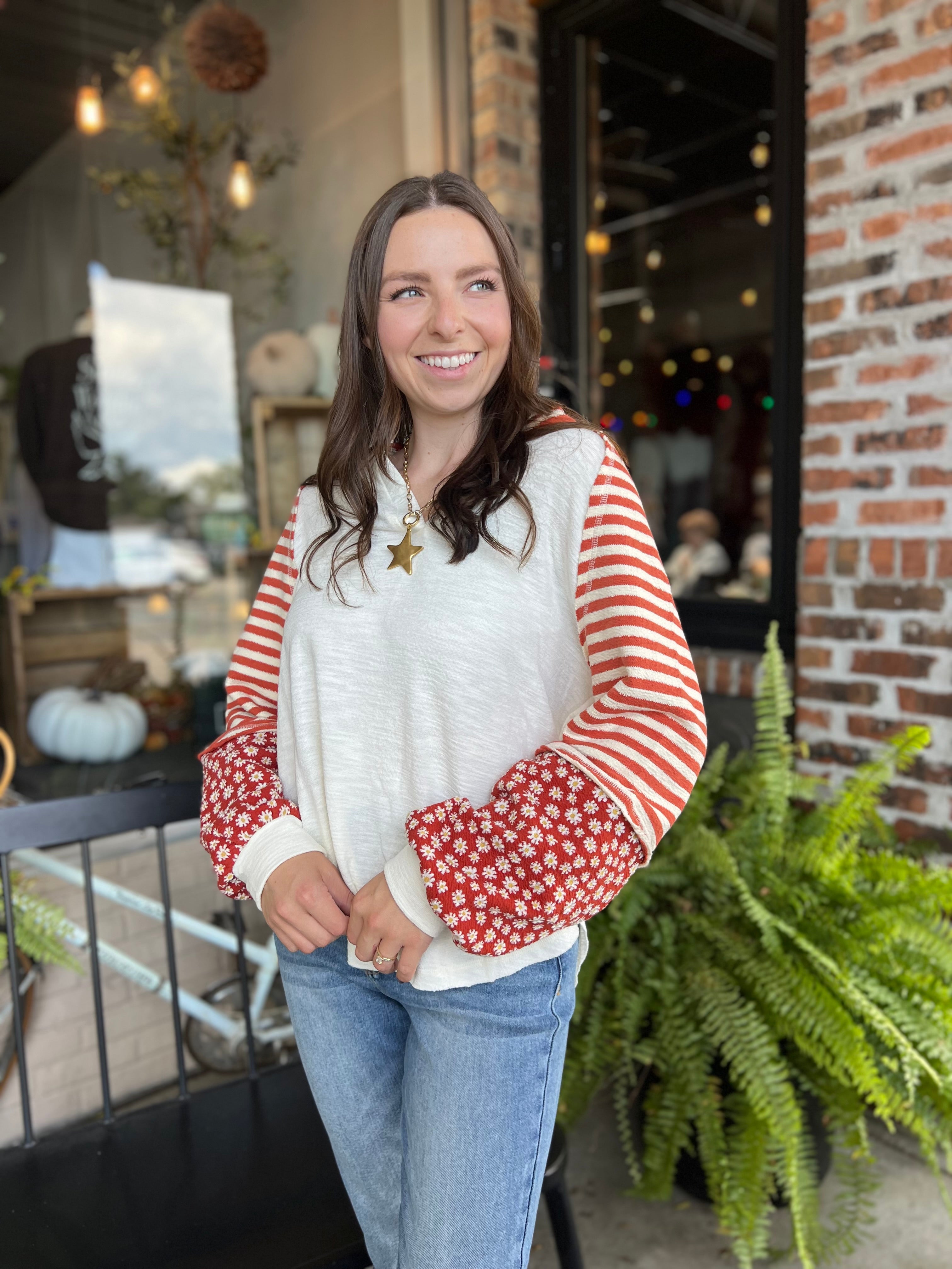 Cream Oversized Floral & Stripe Top