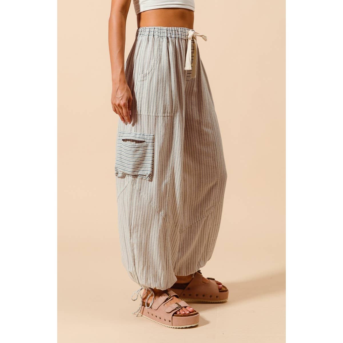 Denim Stripe Balloon Blocked Pants
