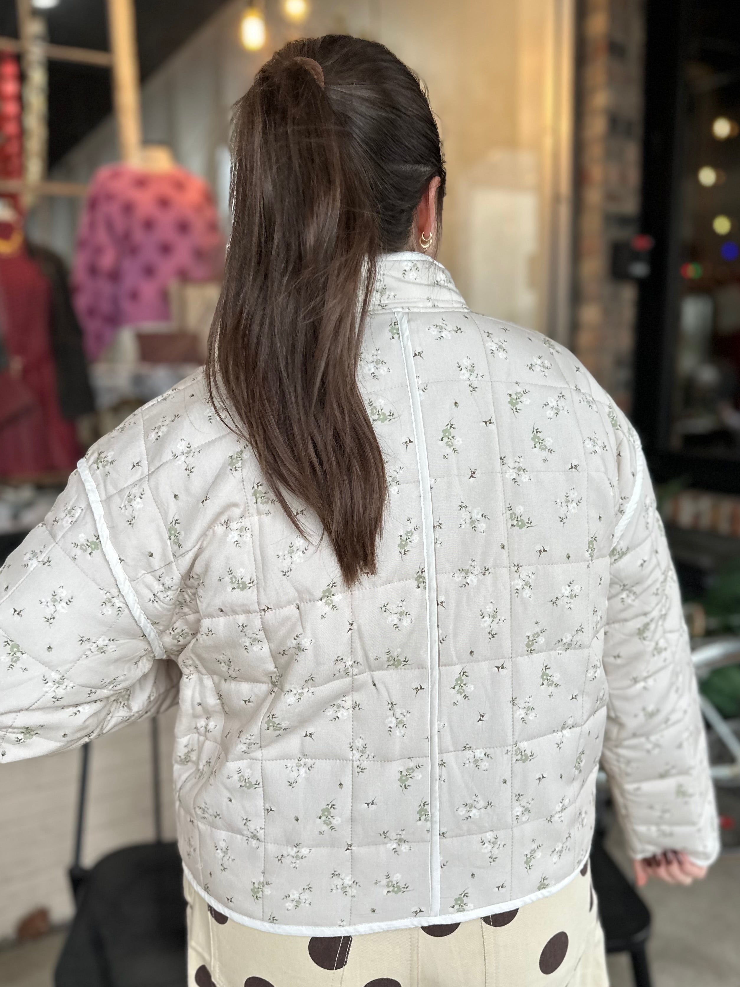 Khaki Quilted Floral Puffer Jacket - FINAL SALE