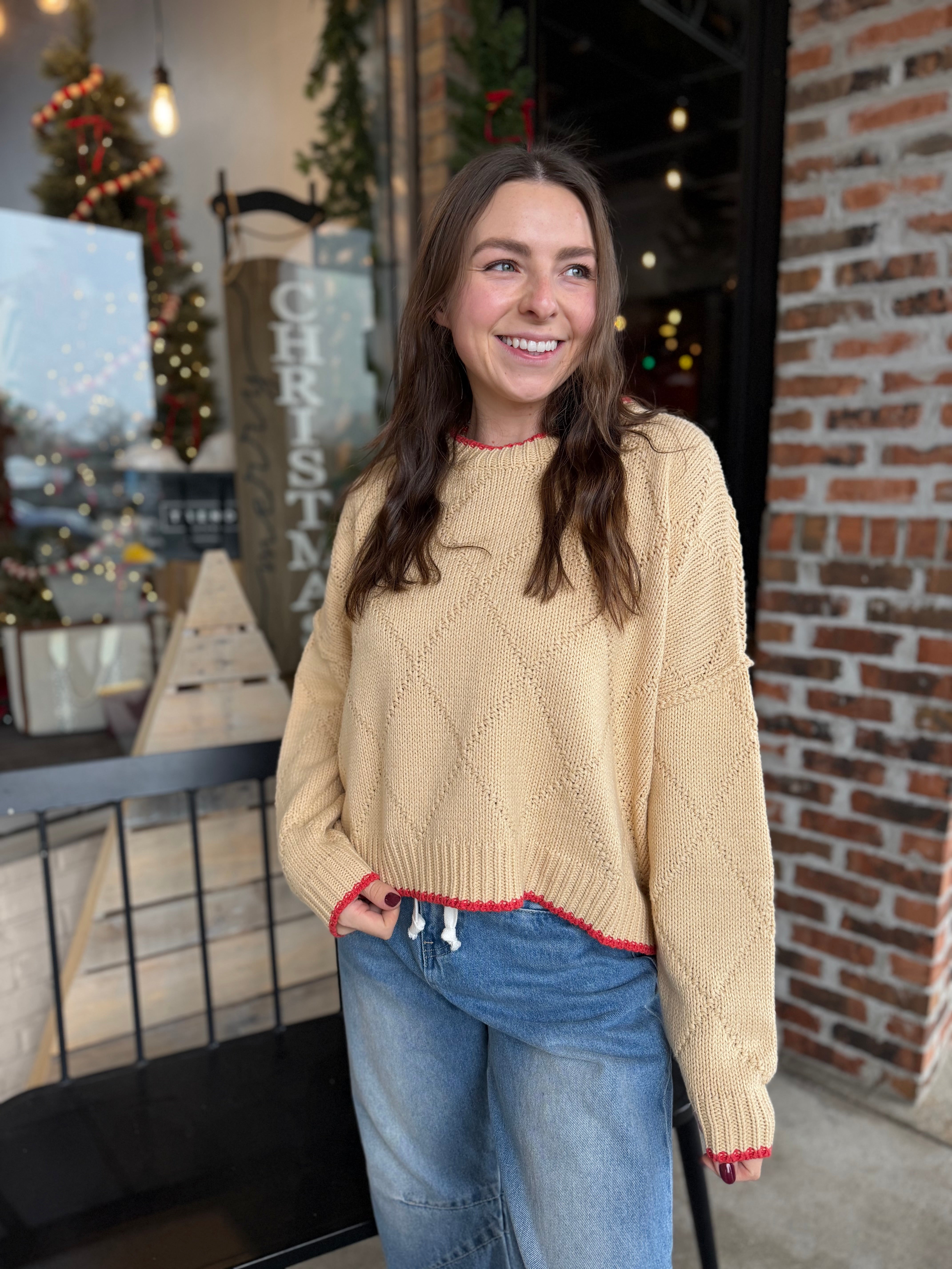 Oat Diamond Knit Pullover Sweater