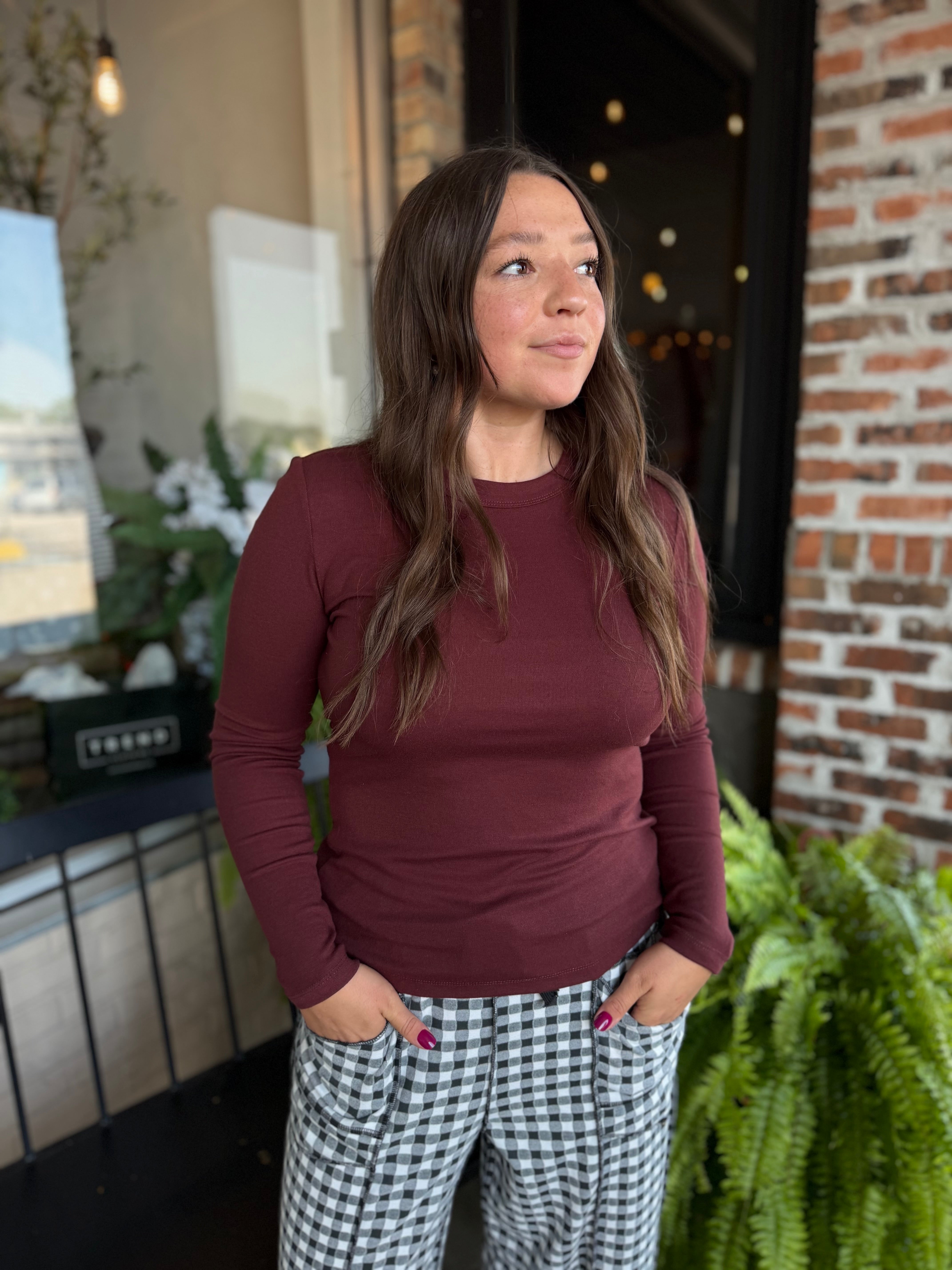 Wine Round Neck Long Sleeve Top