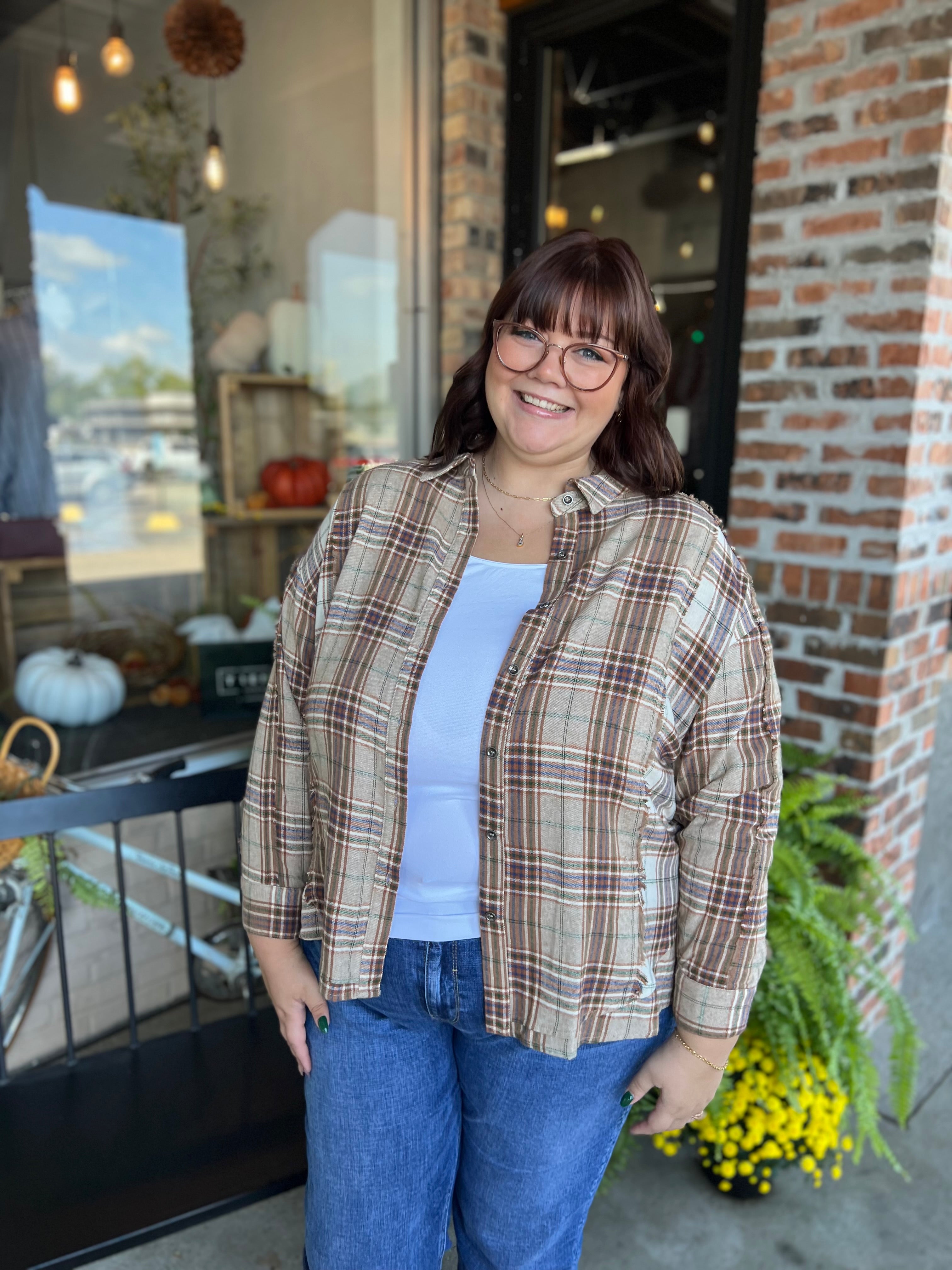 Plus Taupe Contrast Plaid Detail Shirt