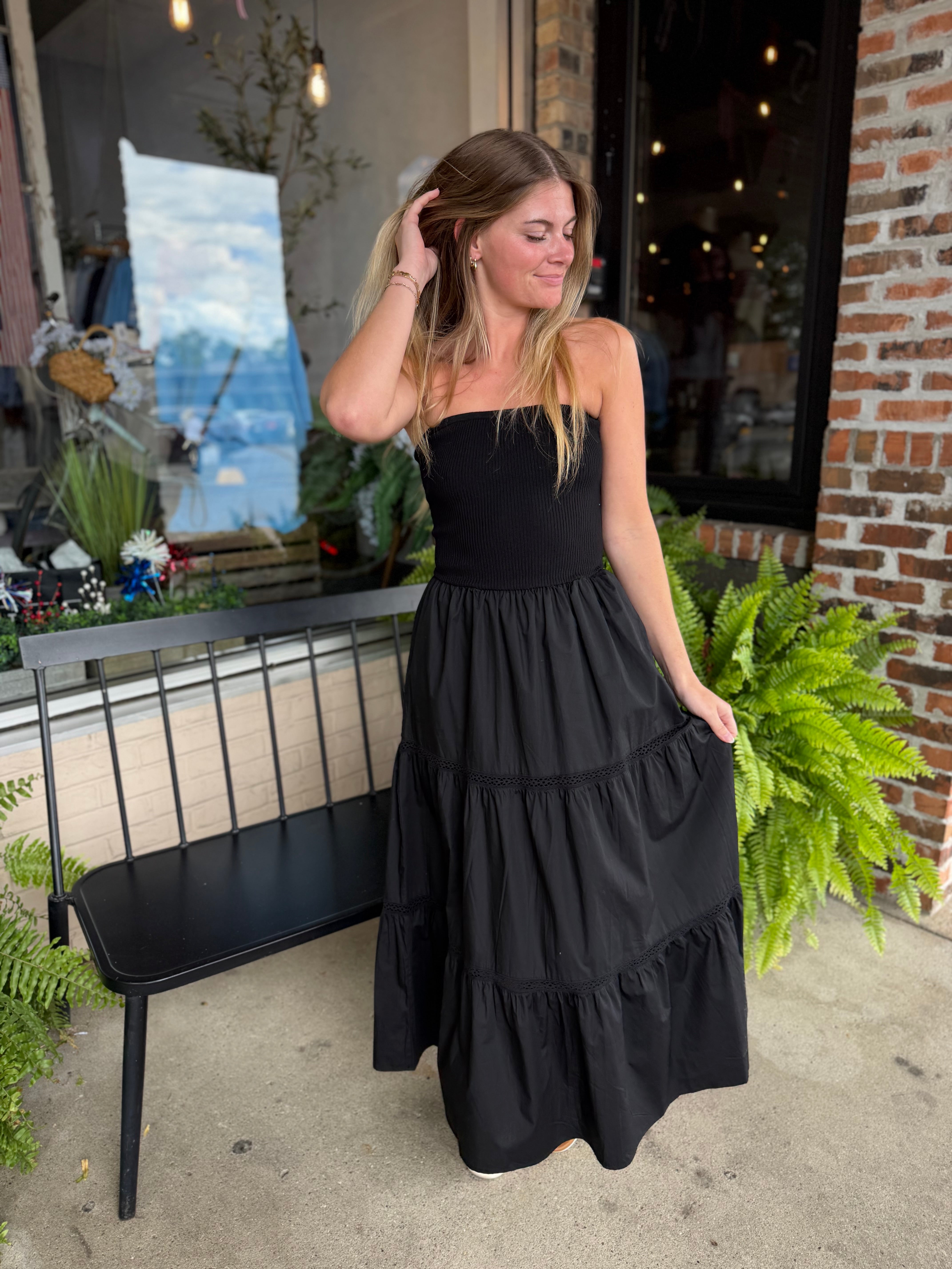 Black Strapless Midi Dress