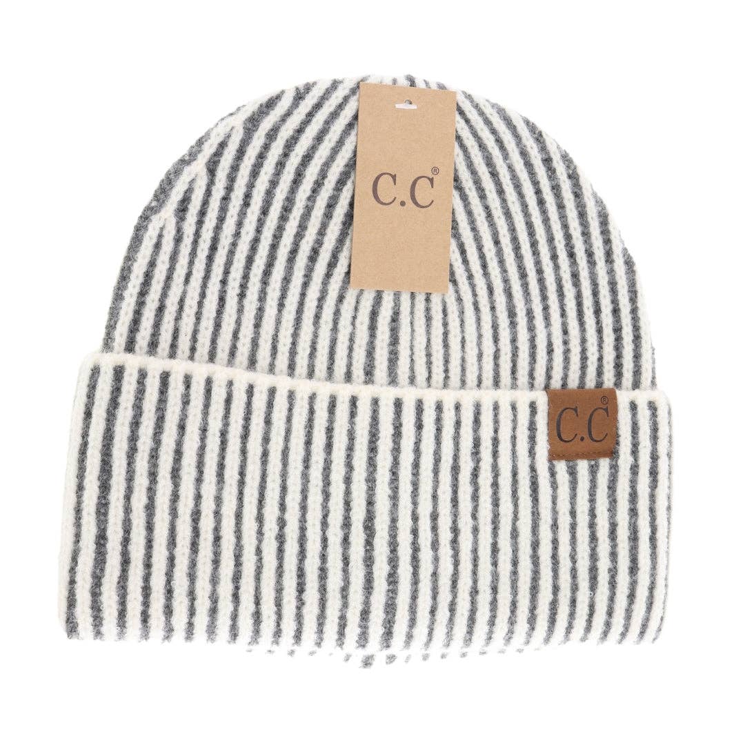 Olive Contrasting Striped Cuff Beanie