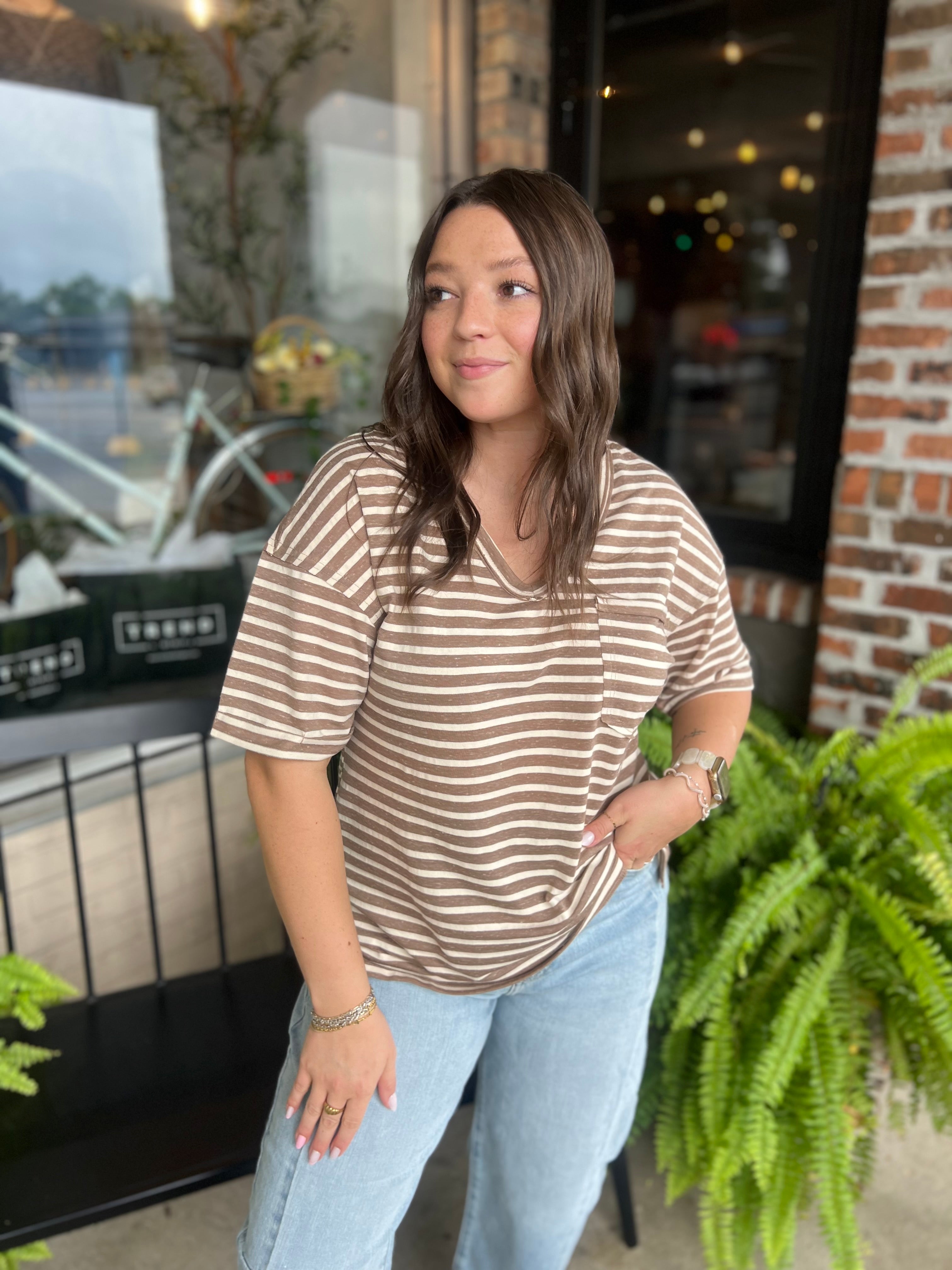 Mocha Oversized Stripe V-Neck Knit Top