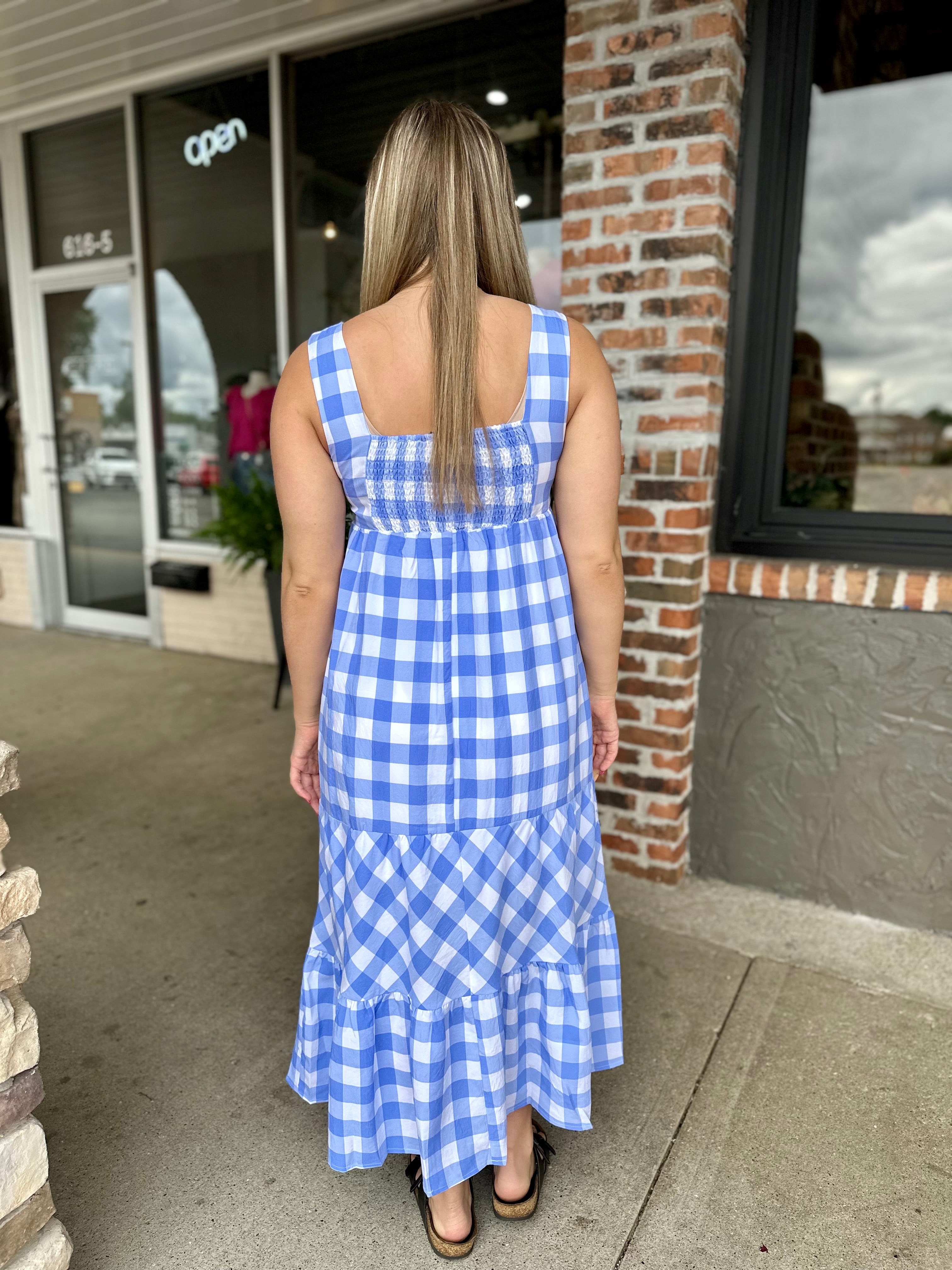 Blue Gingham Midi Dress