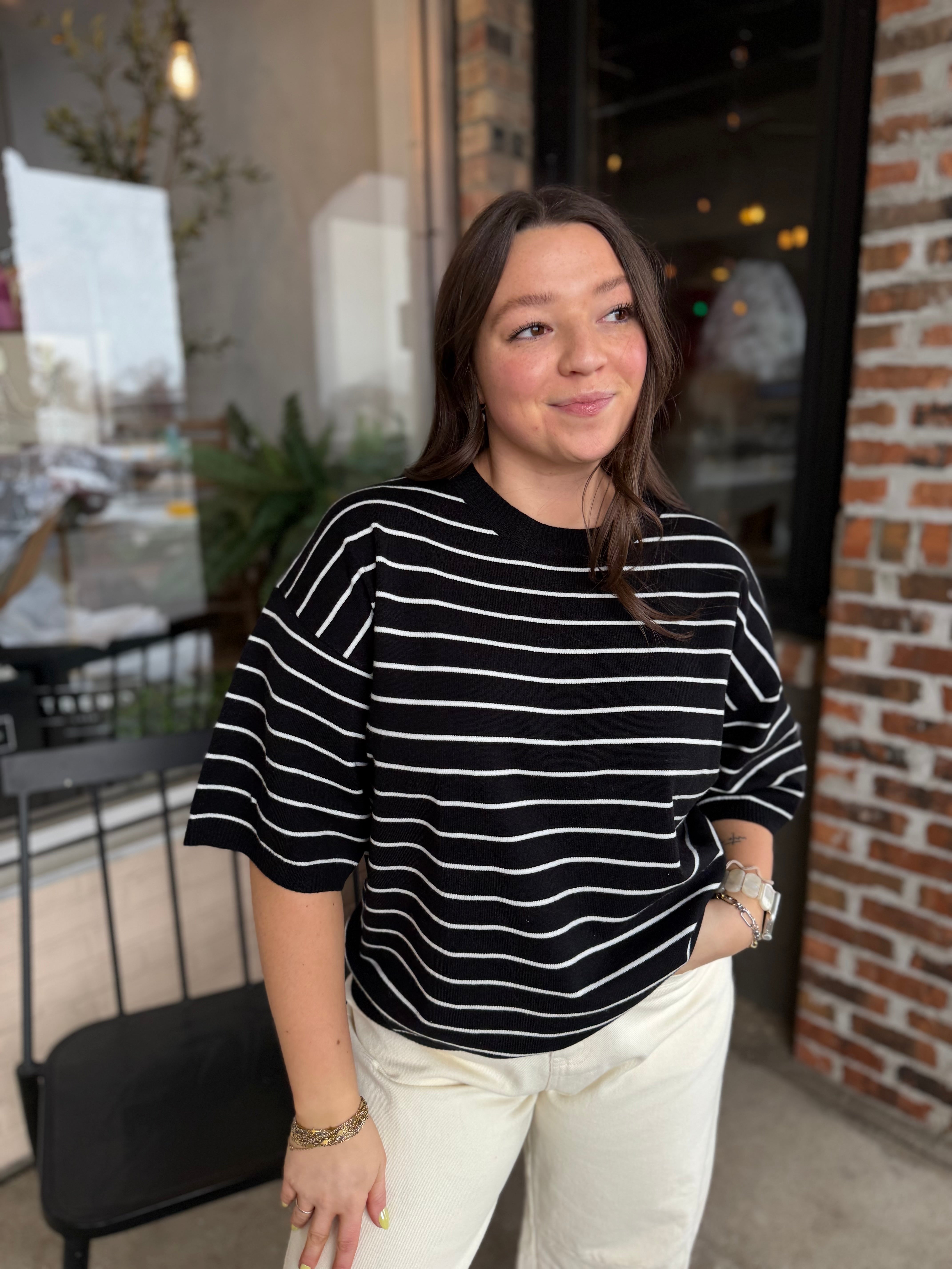 Black Striped Knit Short Sleeve Top