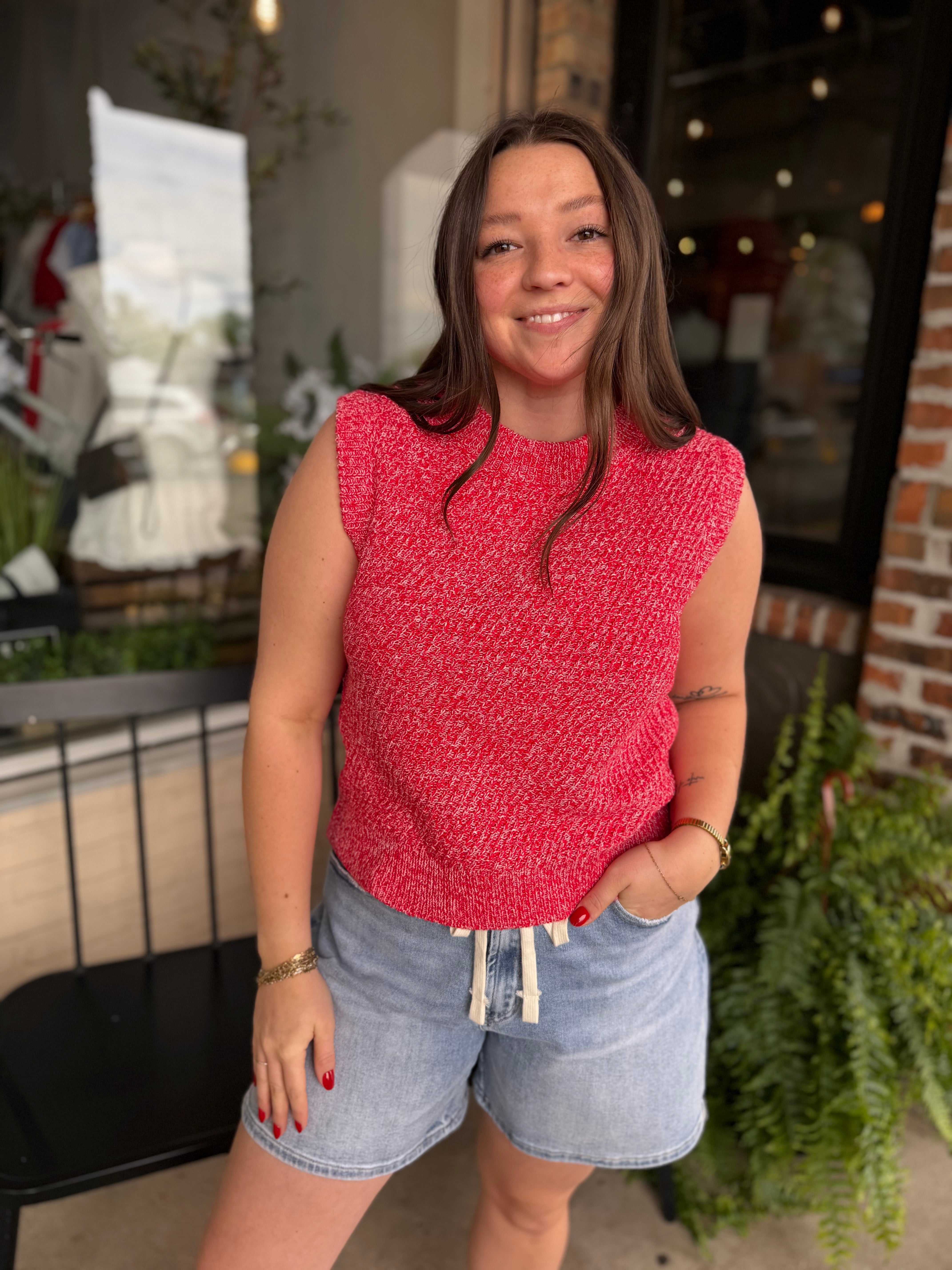 Red Sleeveless Crew Neck Sweater