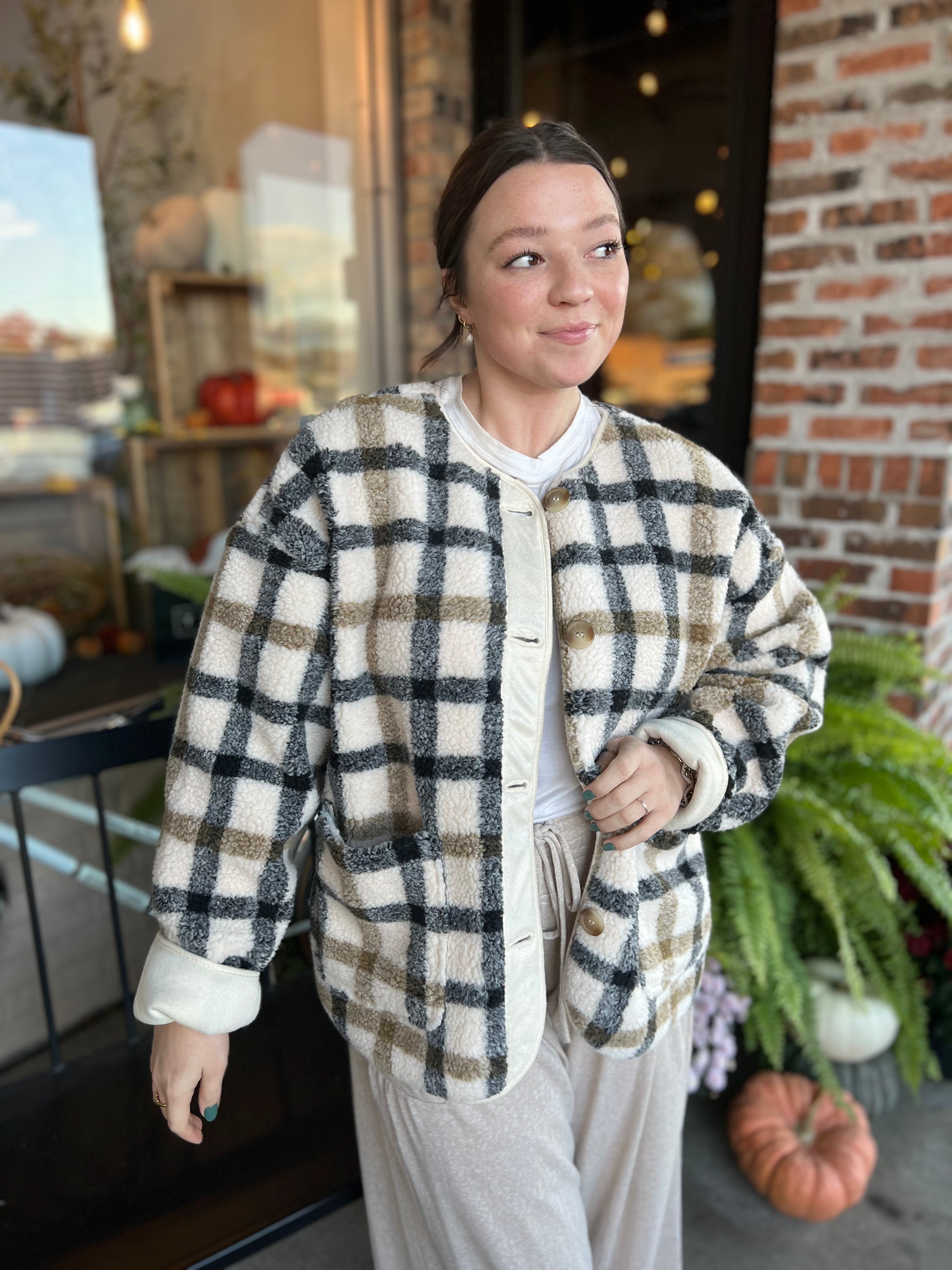 Cream Plaid Teddy Jacket