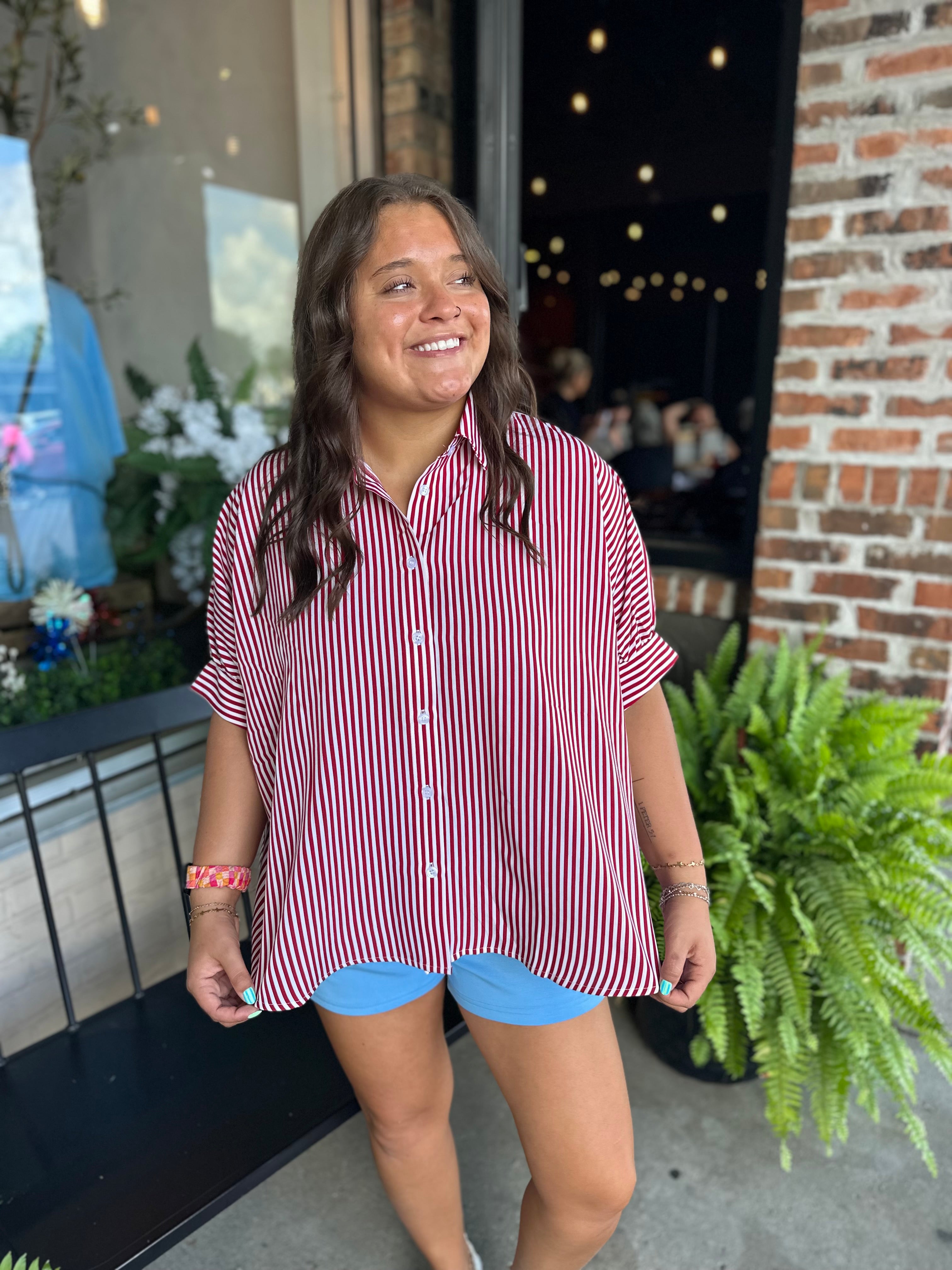Red Oversized Short Sleeve Button Down