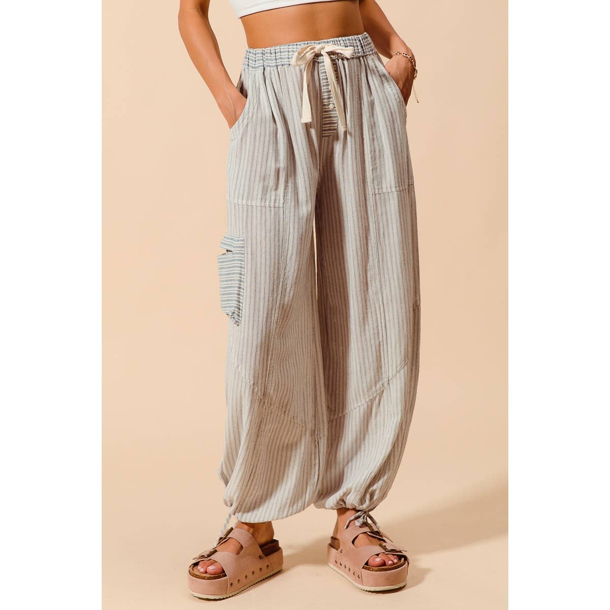 Denim Stripe Balloon Blocked Pants
