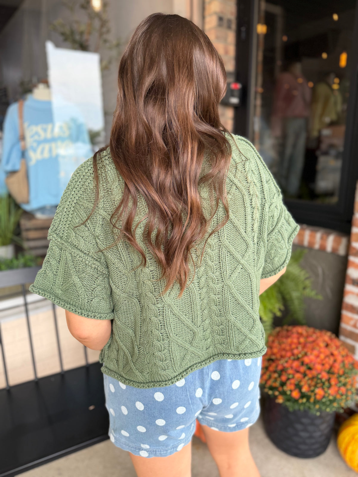 Green Knit Short Sleeve Sweater