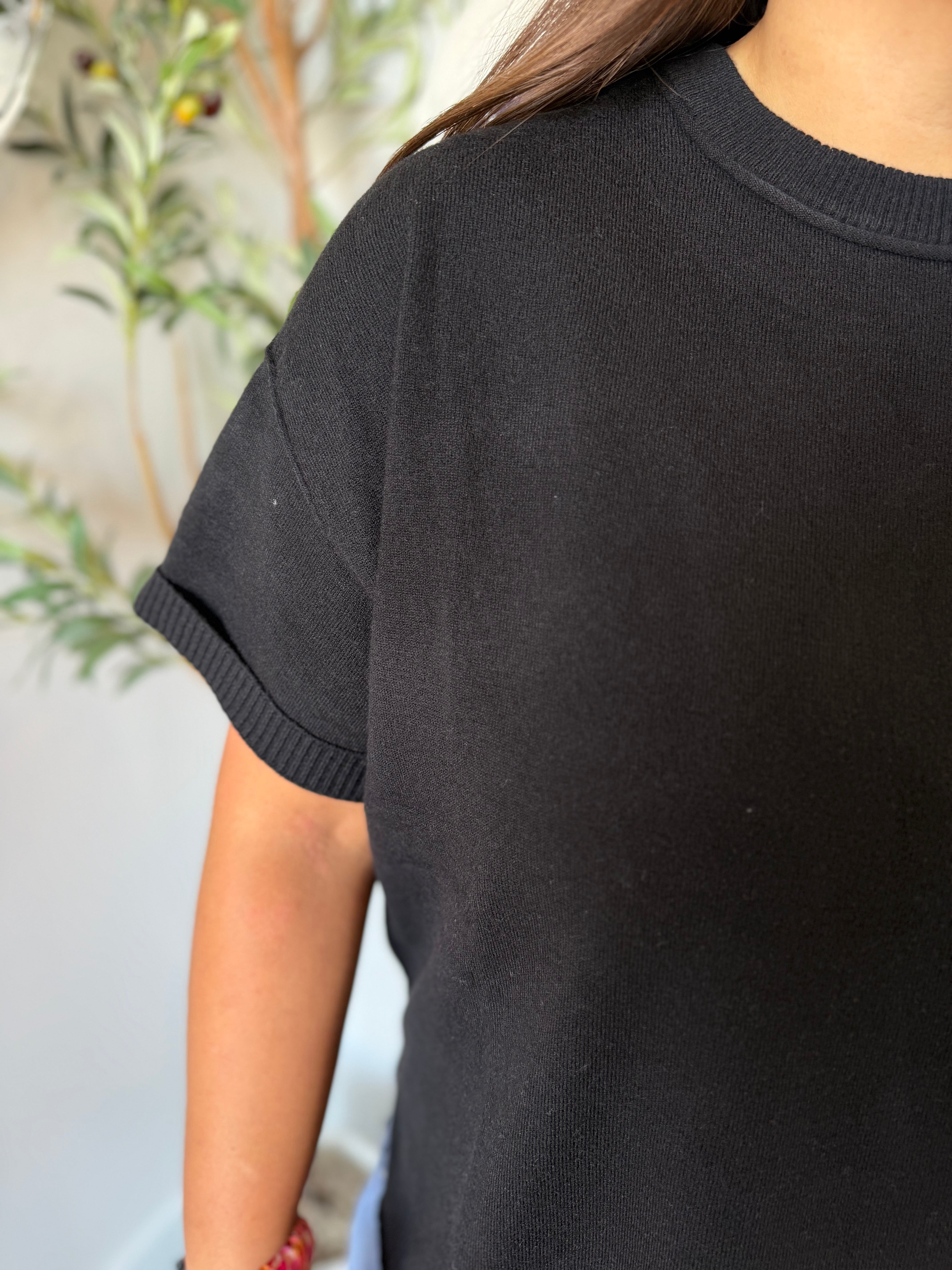 Black Crew Neck Knit Top