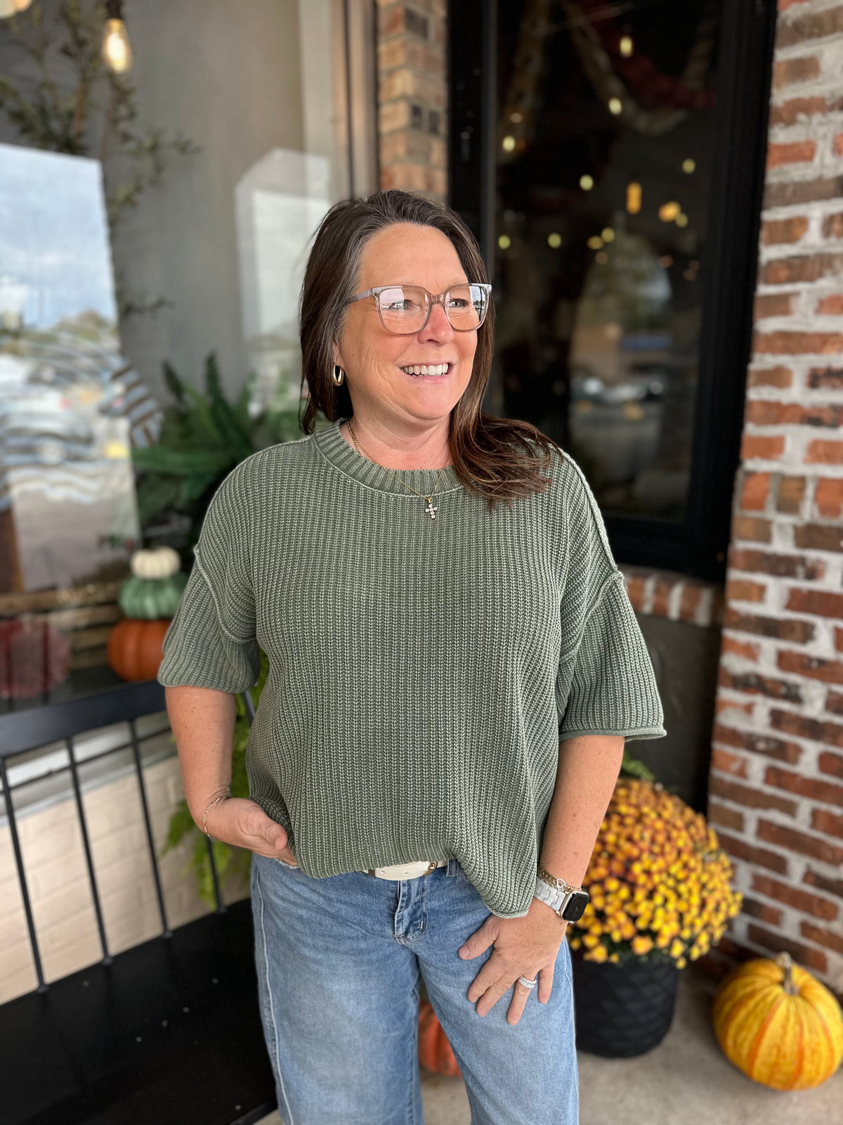 Olive Washed Crew Neck Sweater - FINAL SALE