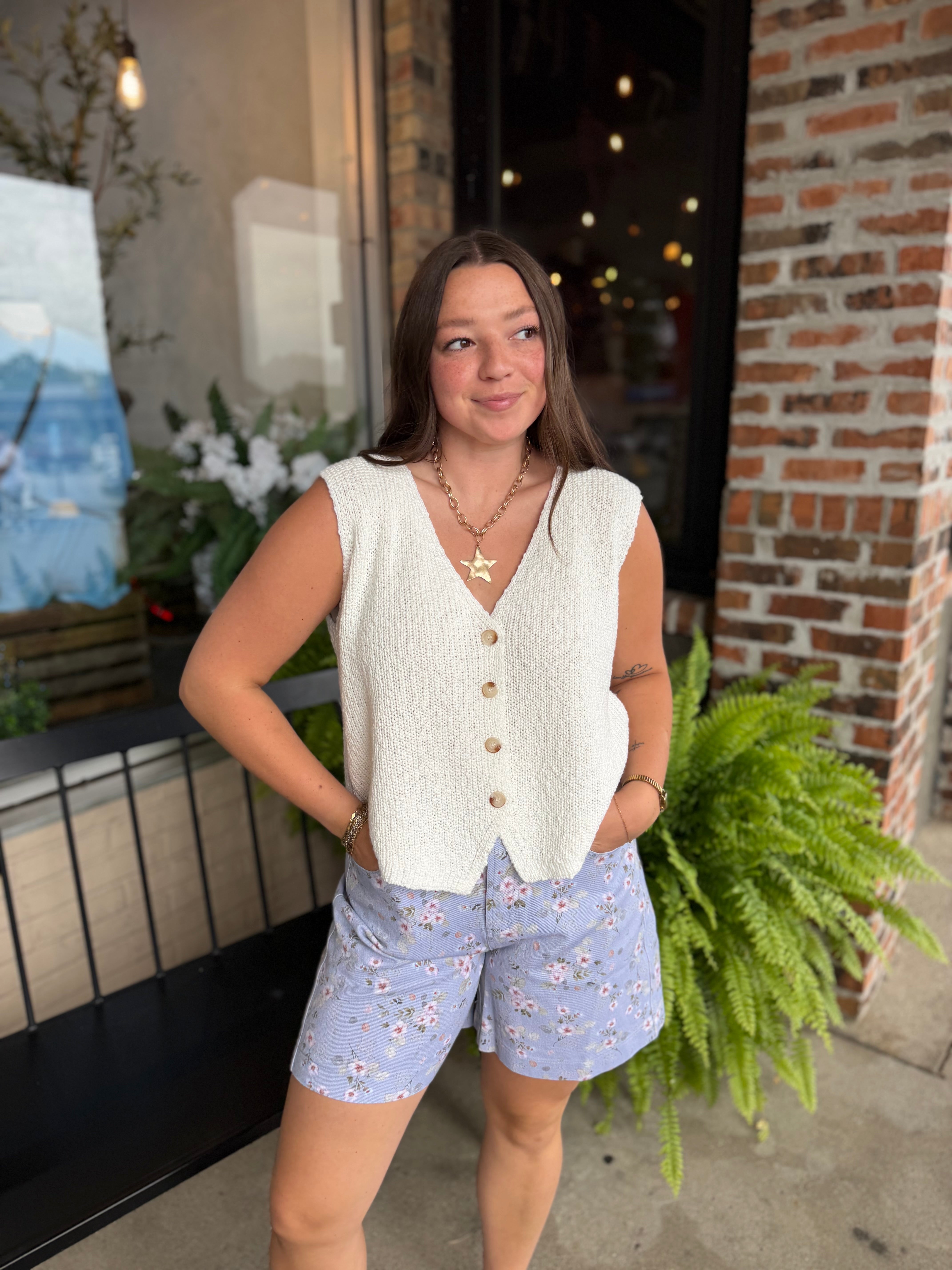 White Button-Front Knit Vest Top