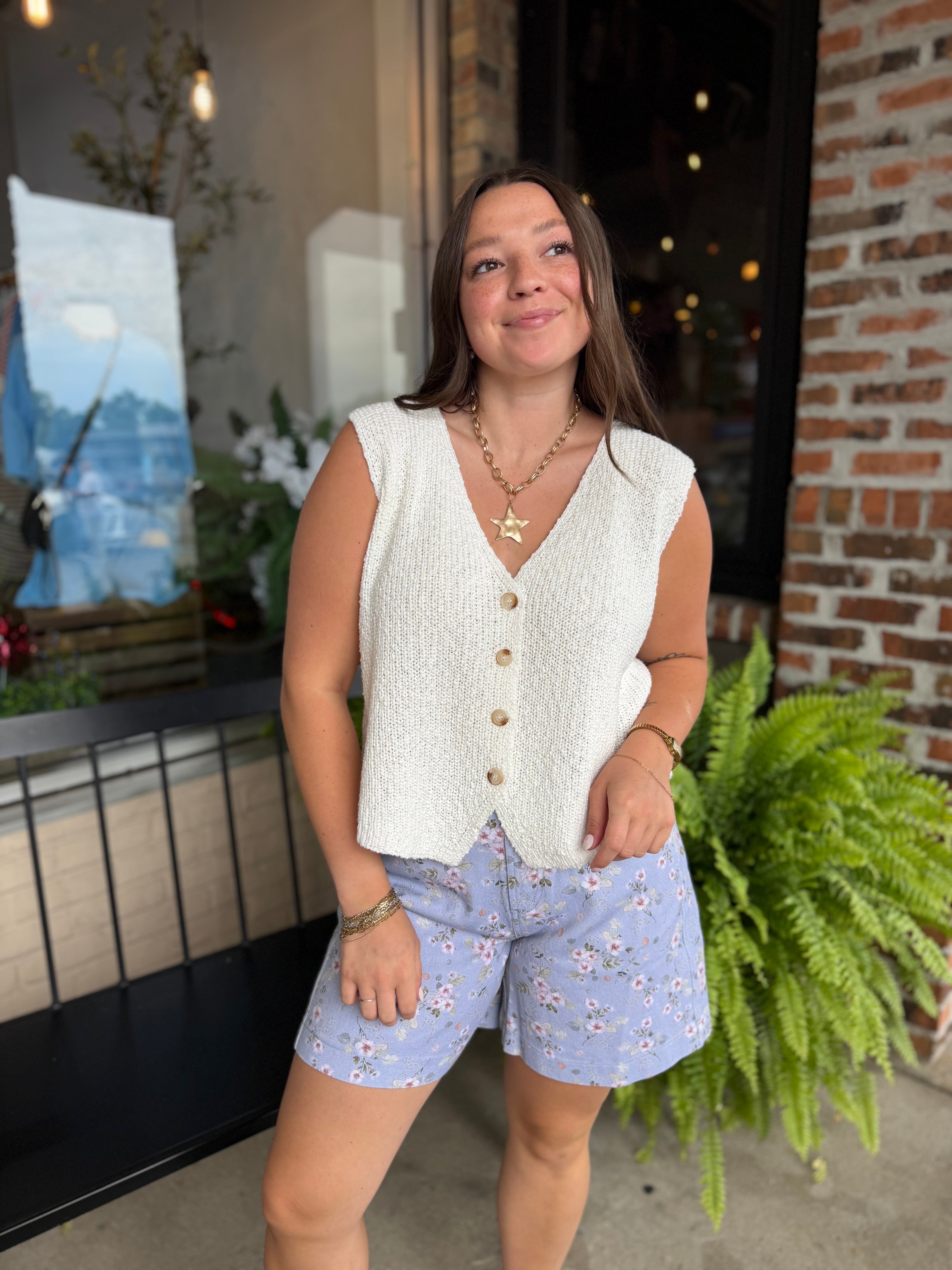 White Button-Front Knit Vest Top
