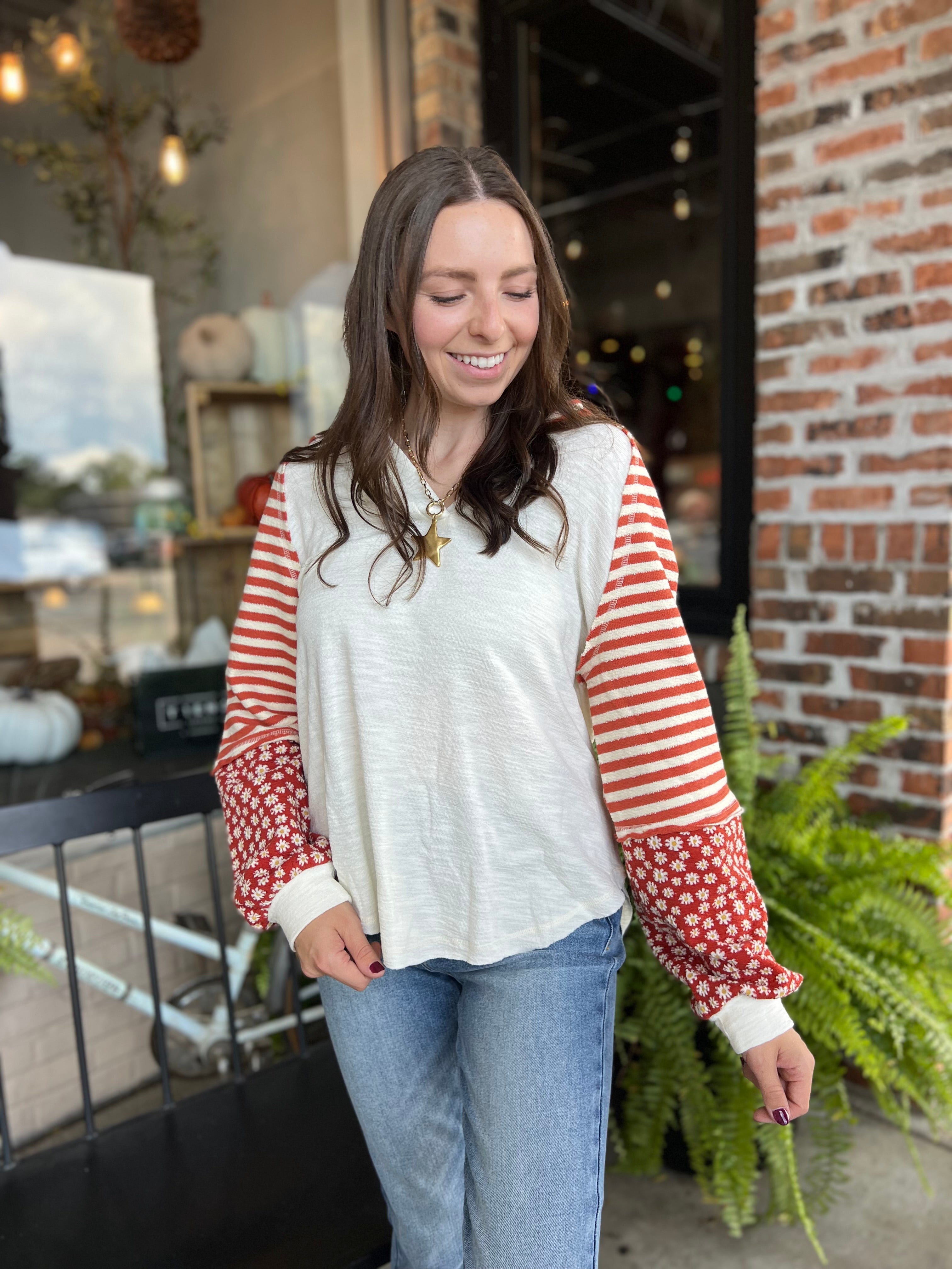Cream Oversized Floral & Stripe Top