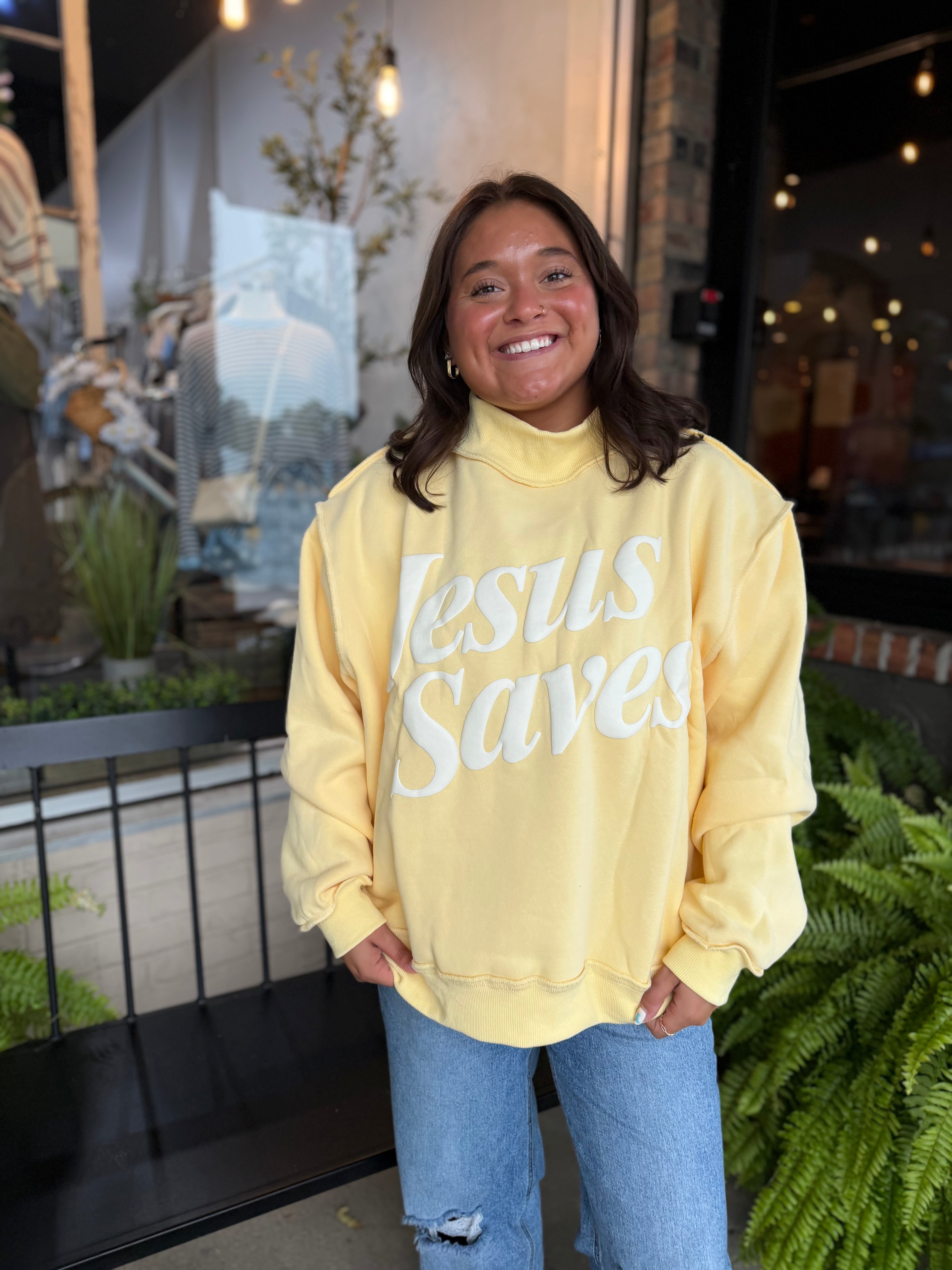 Yellow Jesus Saves Mock Neck Sweatshirt