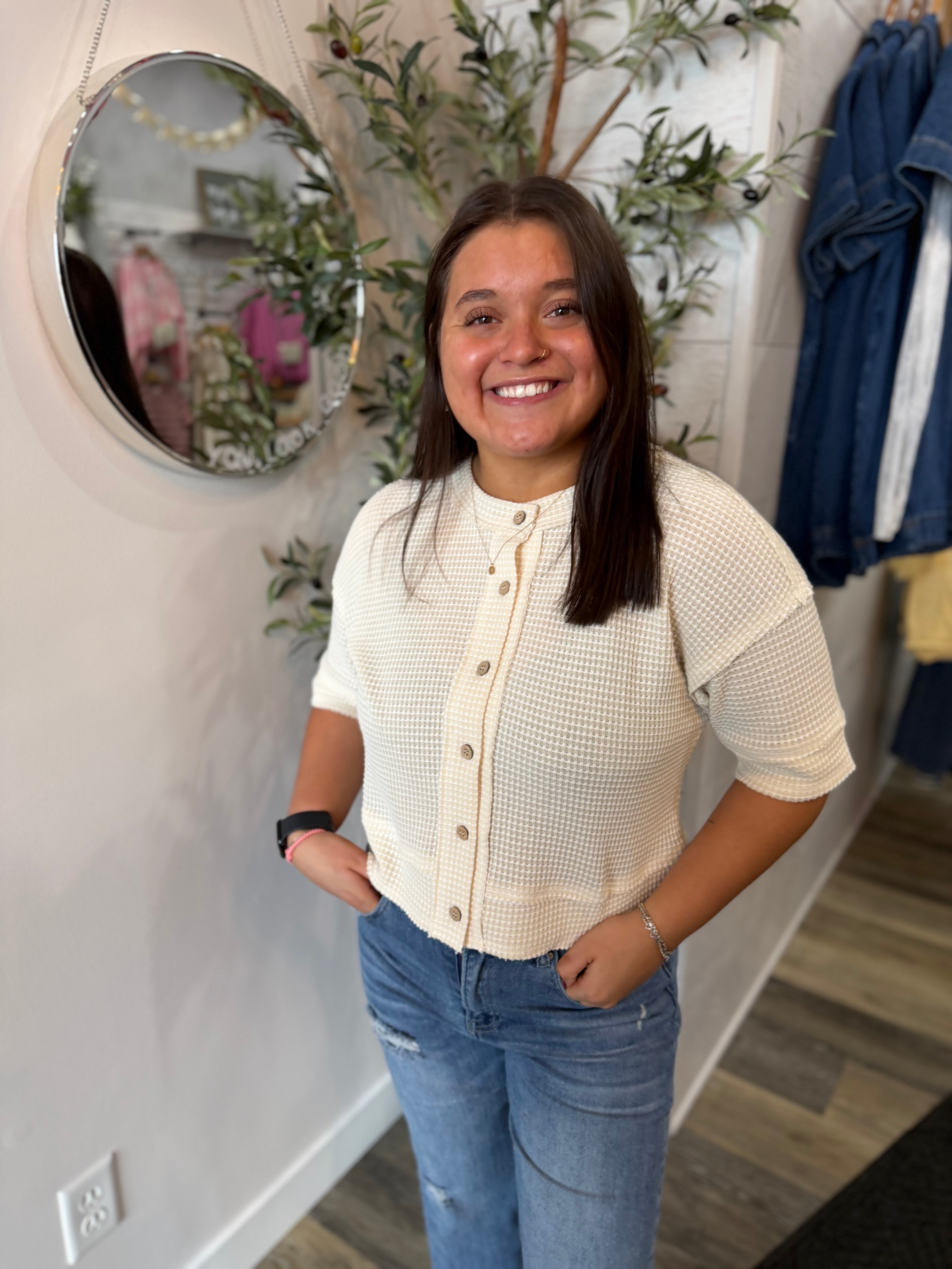 Cream Waffle Knit Short Sleeve Cardi