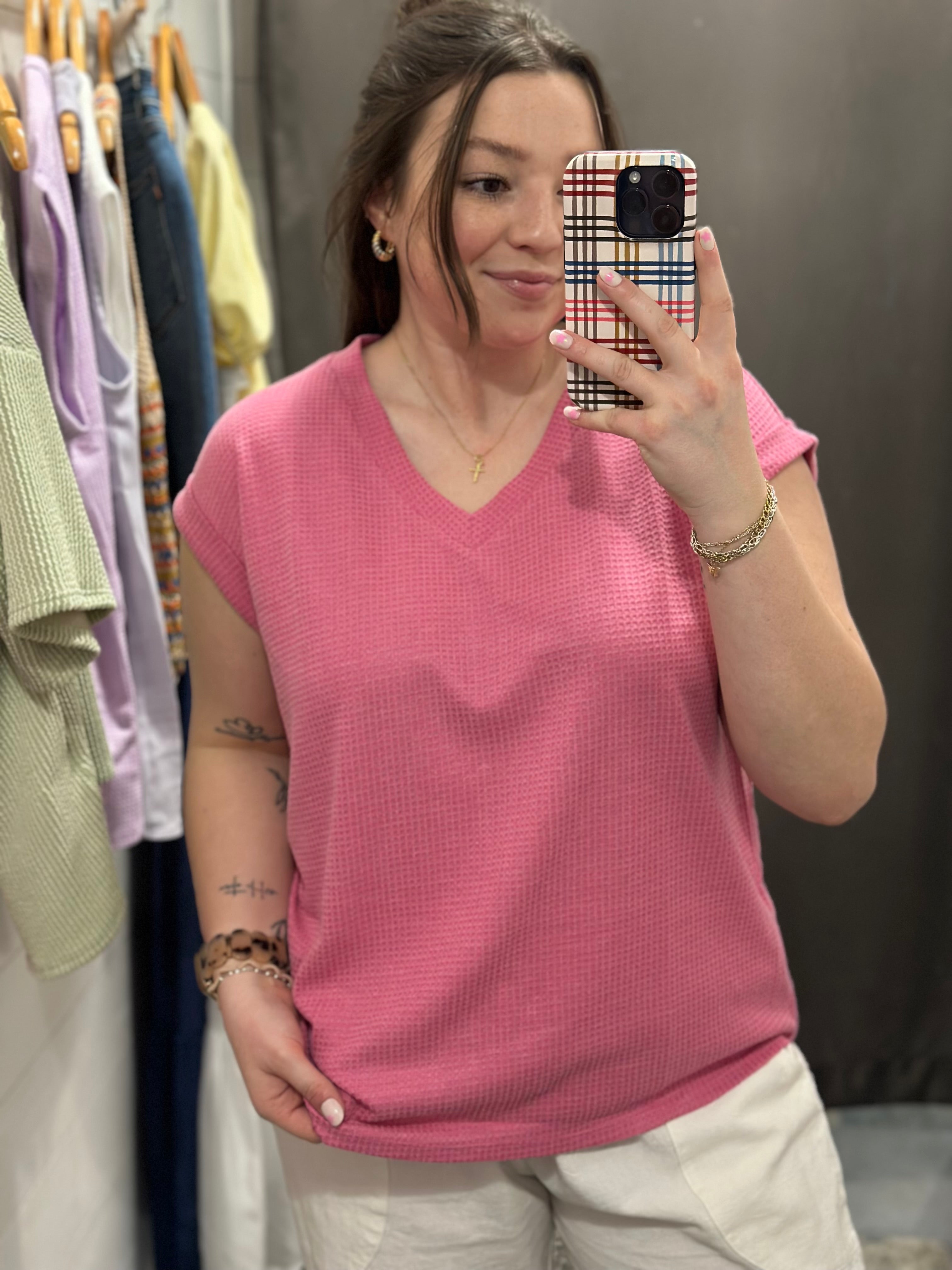 Pink Waffle V-Neck Top