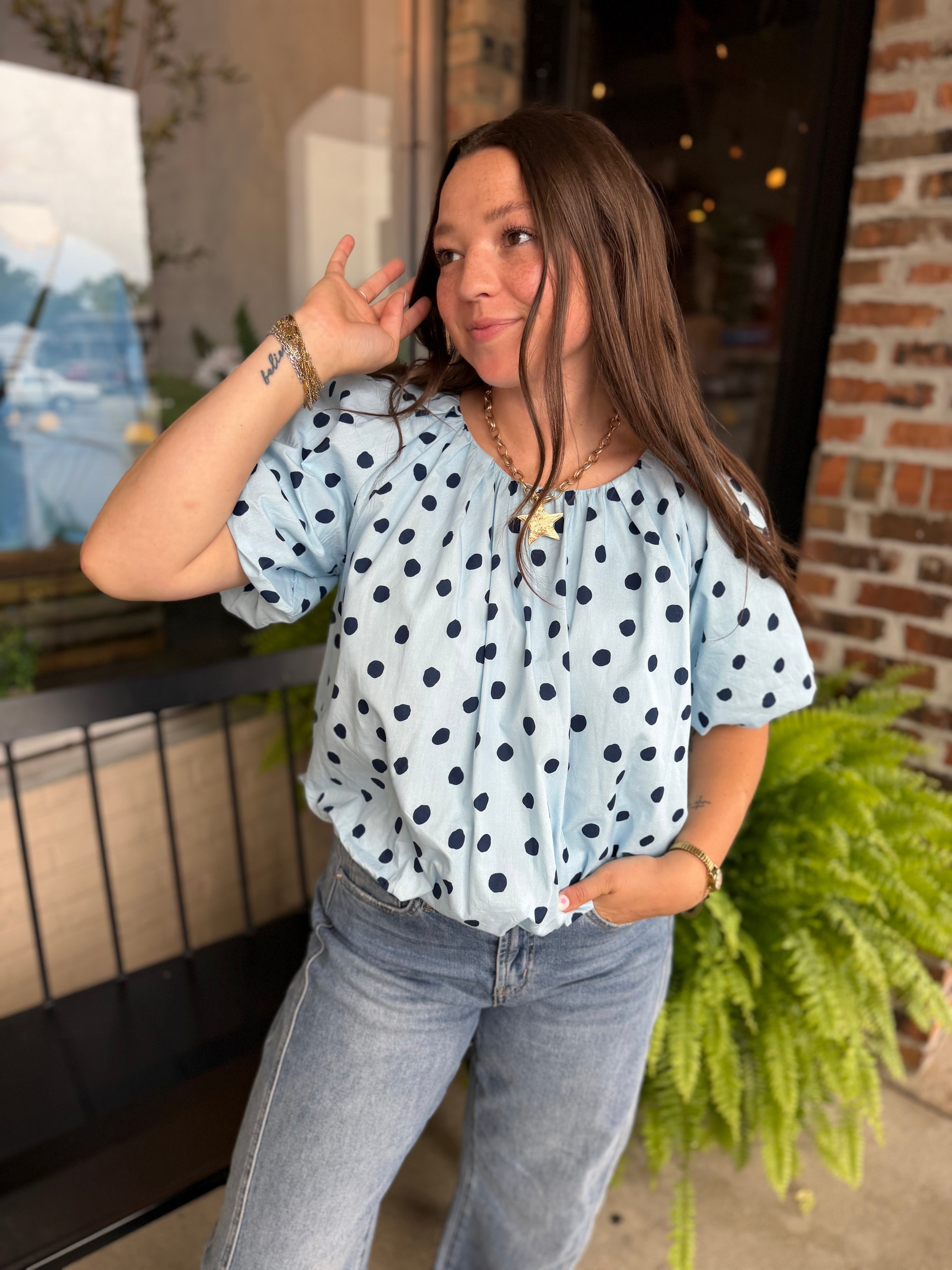 Navy Polka Dot Bubble Top