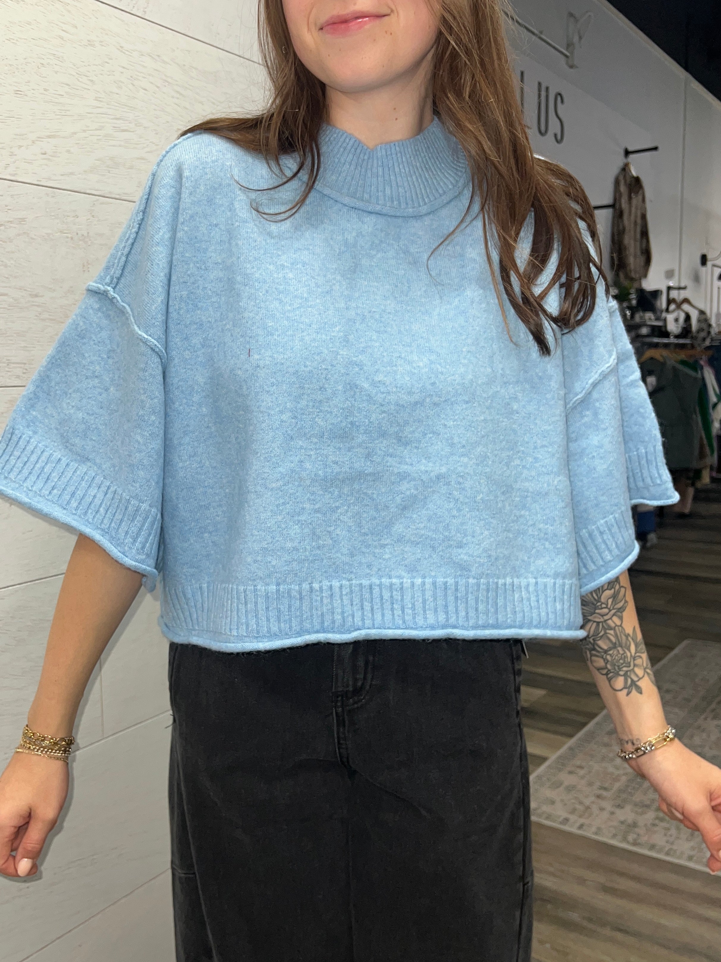 Blue Marled Mock Neck Sweater