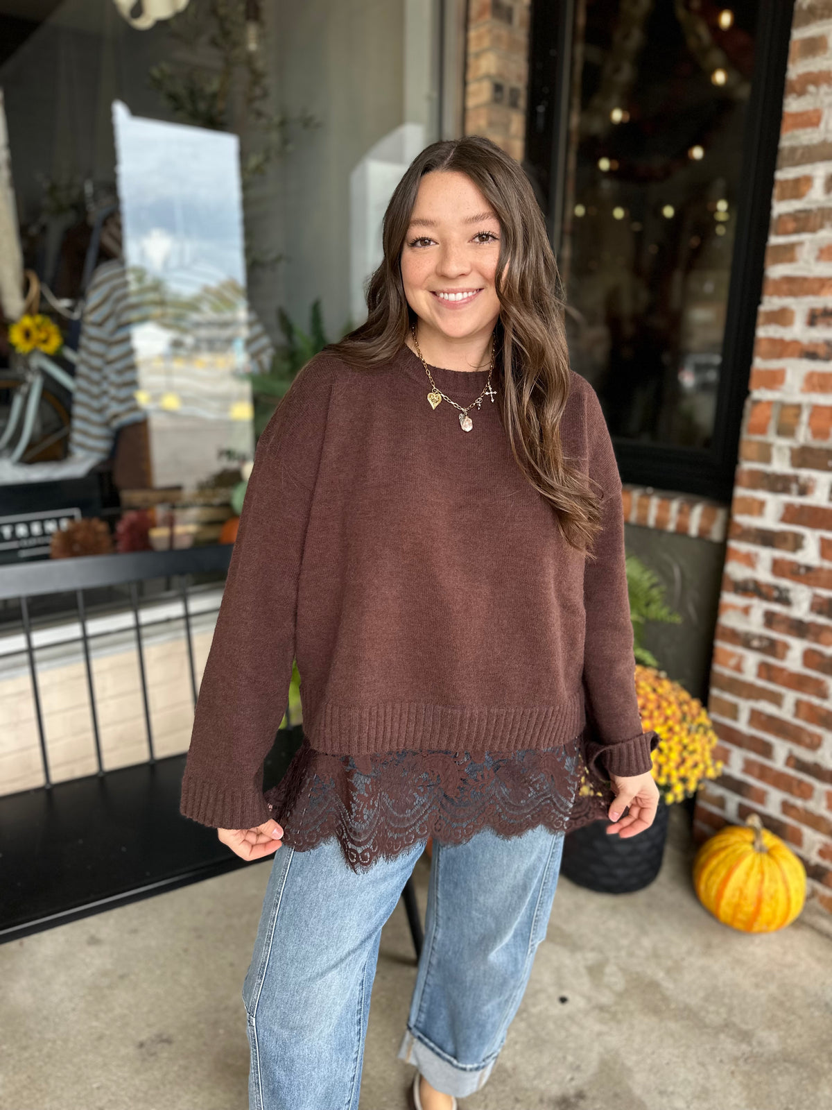 Brown Lace Trimmed Sweater