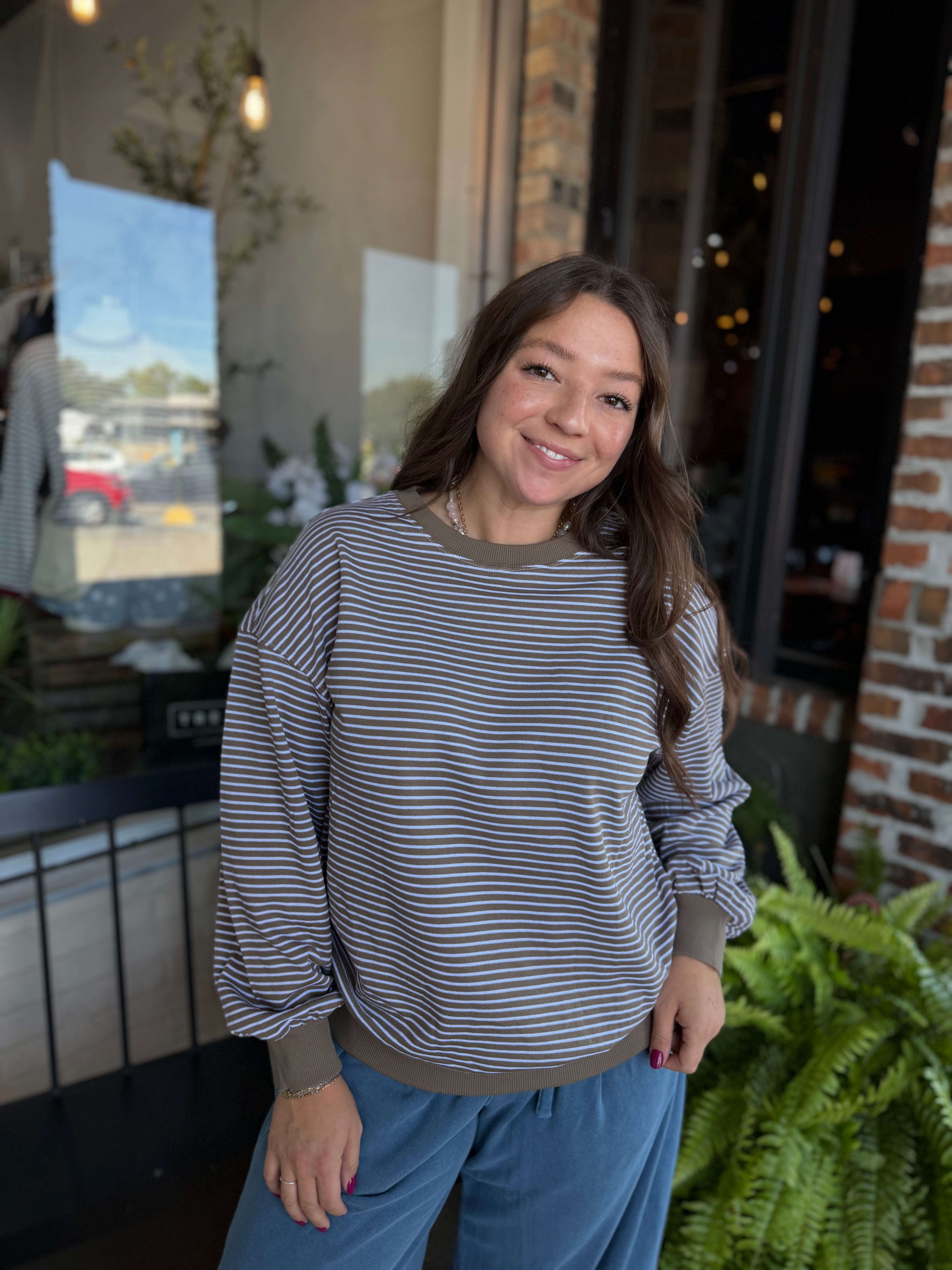 Brown Coastal Striped Crewneck Sweatshirt