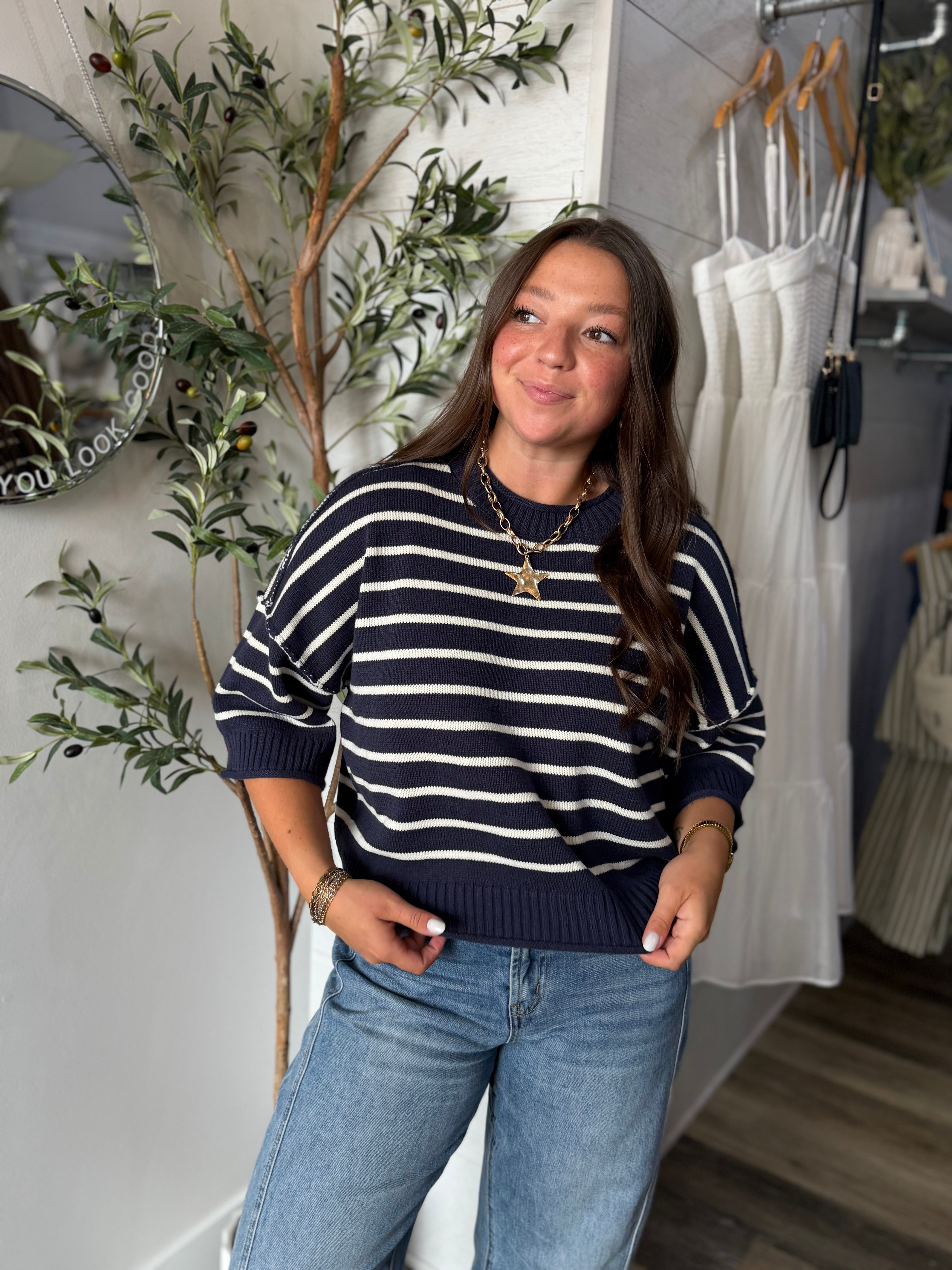 Navy Stripe Short Sleeve Sweater - FINAL SALE