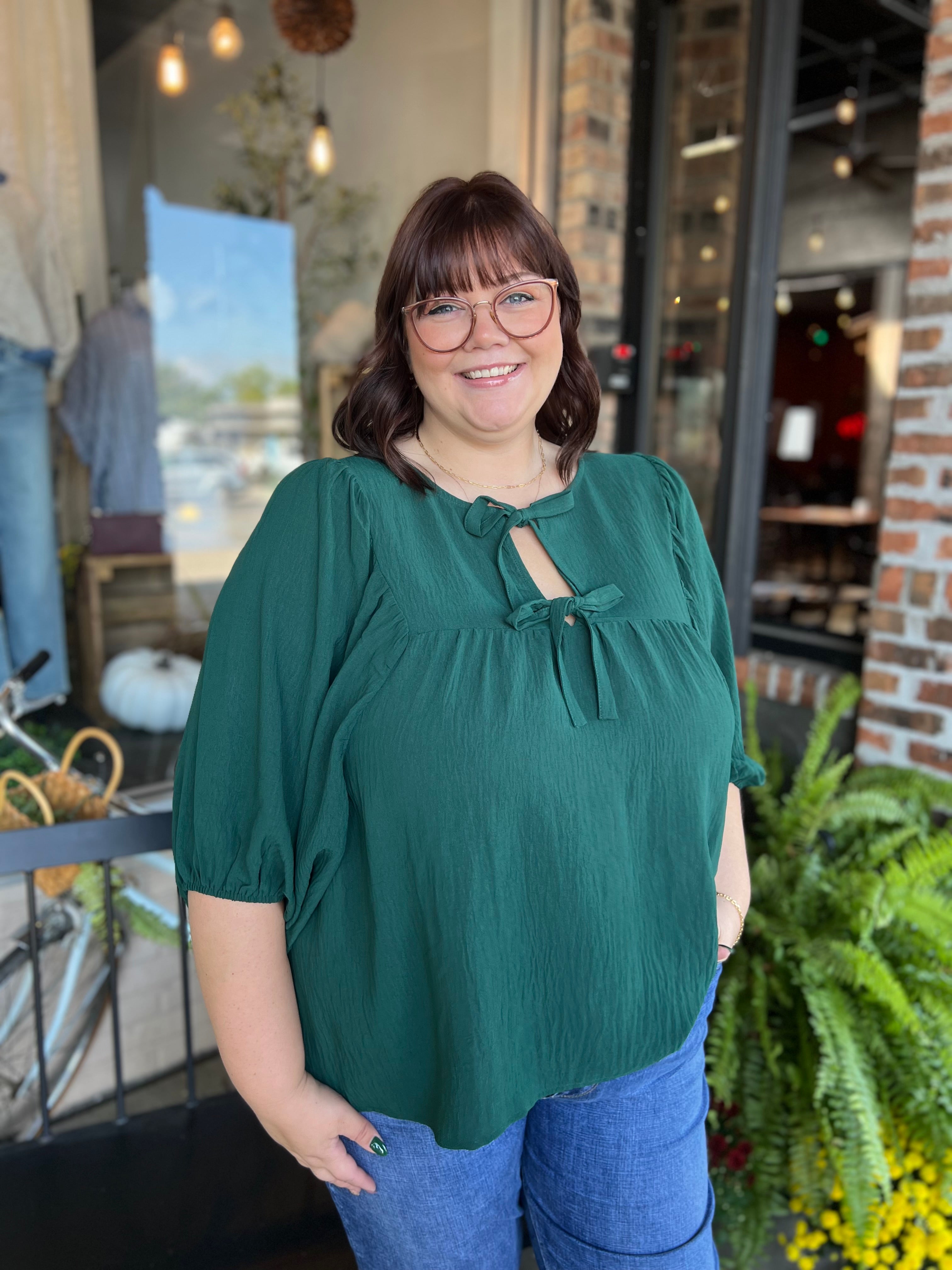 Plus Hunter Green Front Tie Top