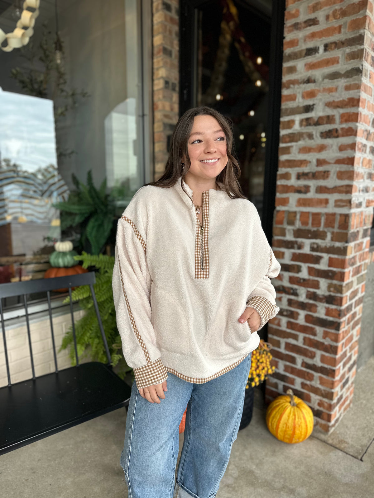 Cream Gingham Sherpa Pullover