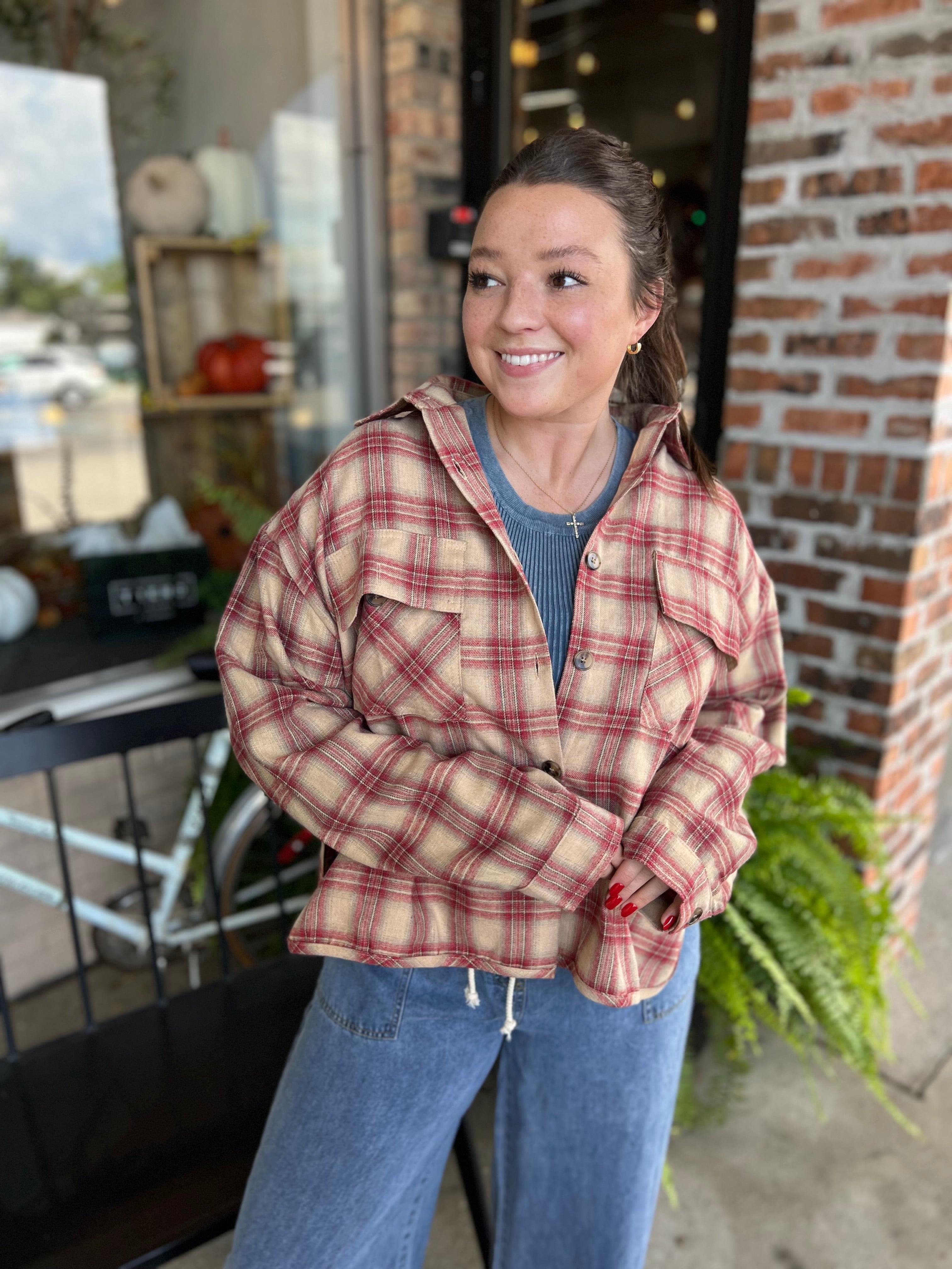 Red Plaid Long Sleeve Shirt Jacket - FINAL SALE