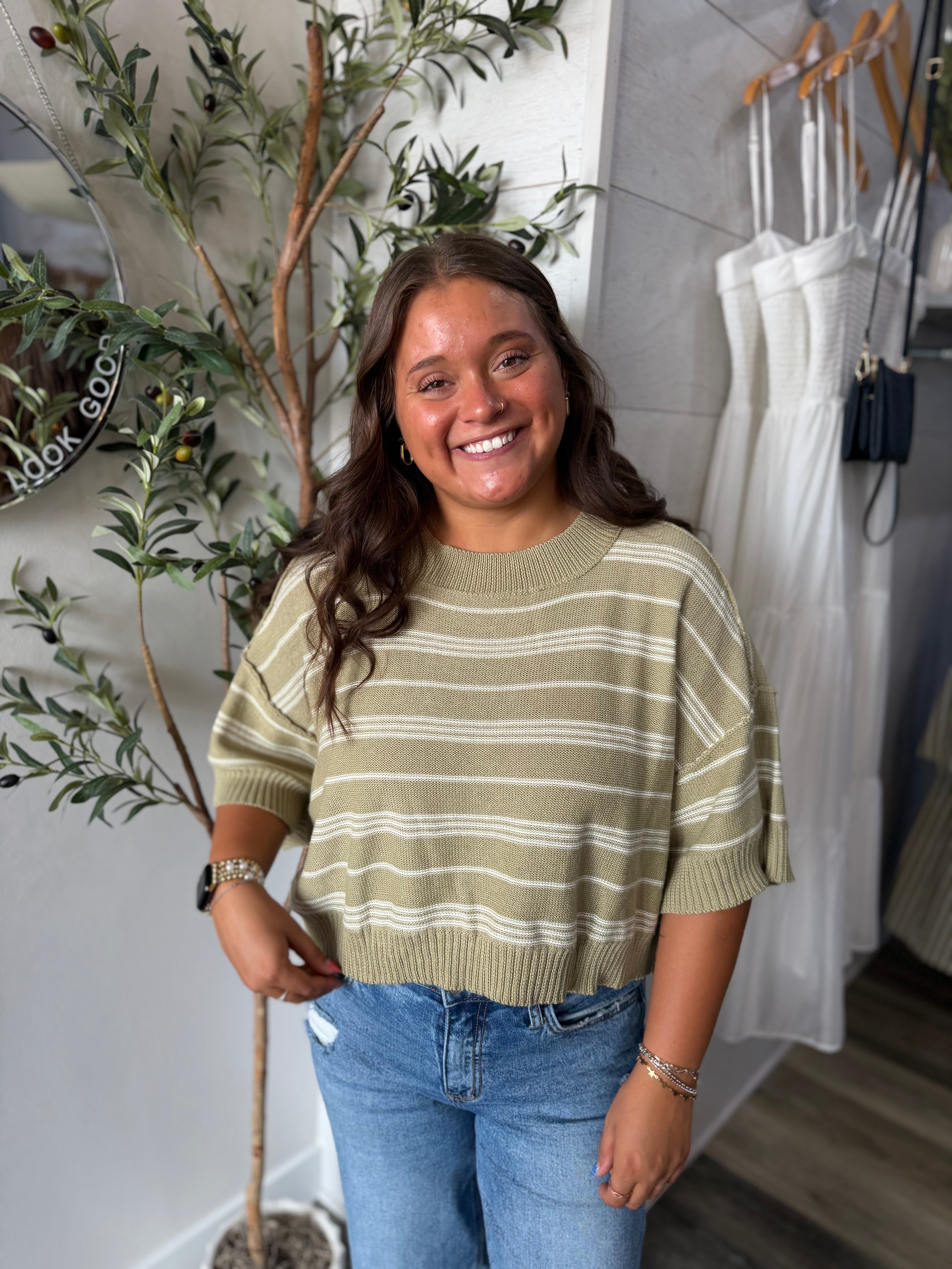 Olive Stripe Drop Shoulder Sweater