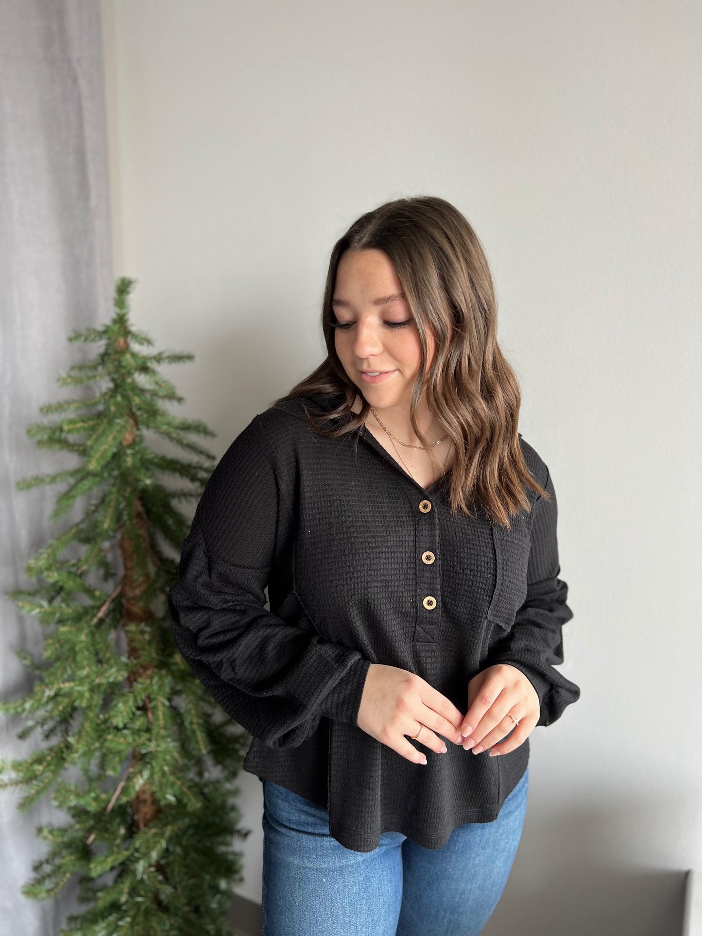 Black Raw Edge Henley