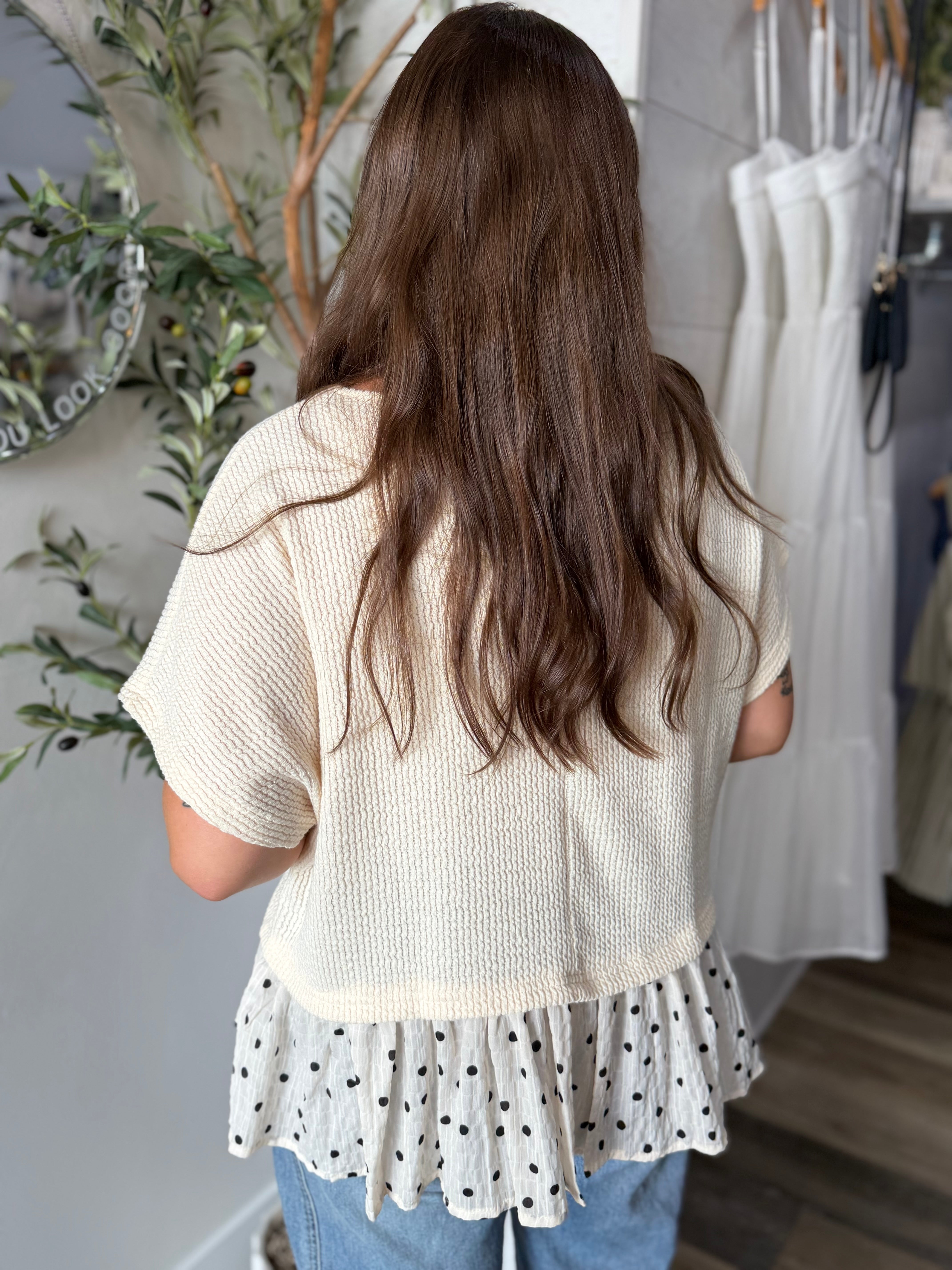 Cream Polka Dot Ruffle Hem Top