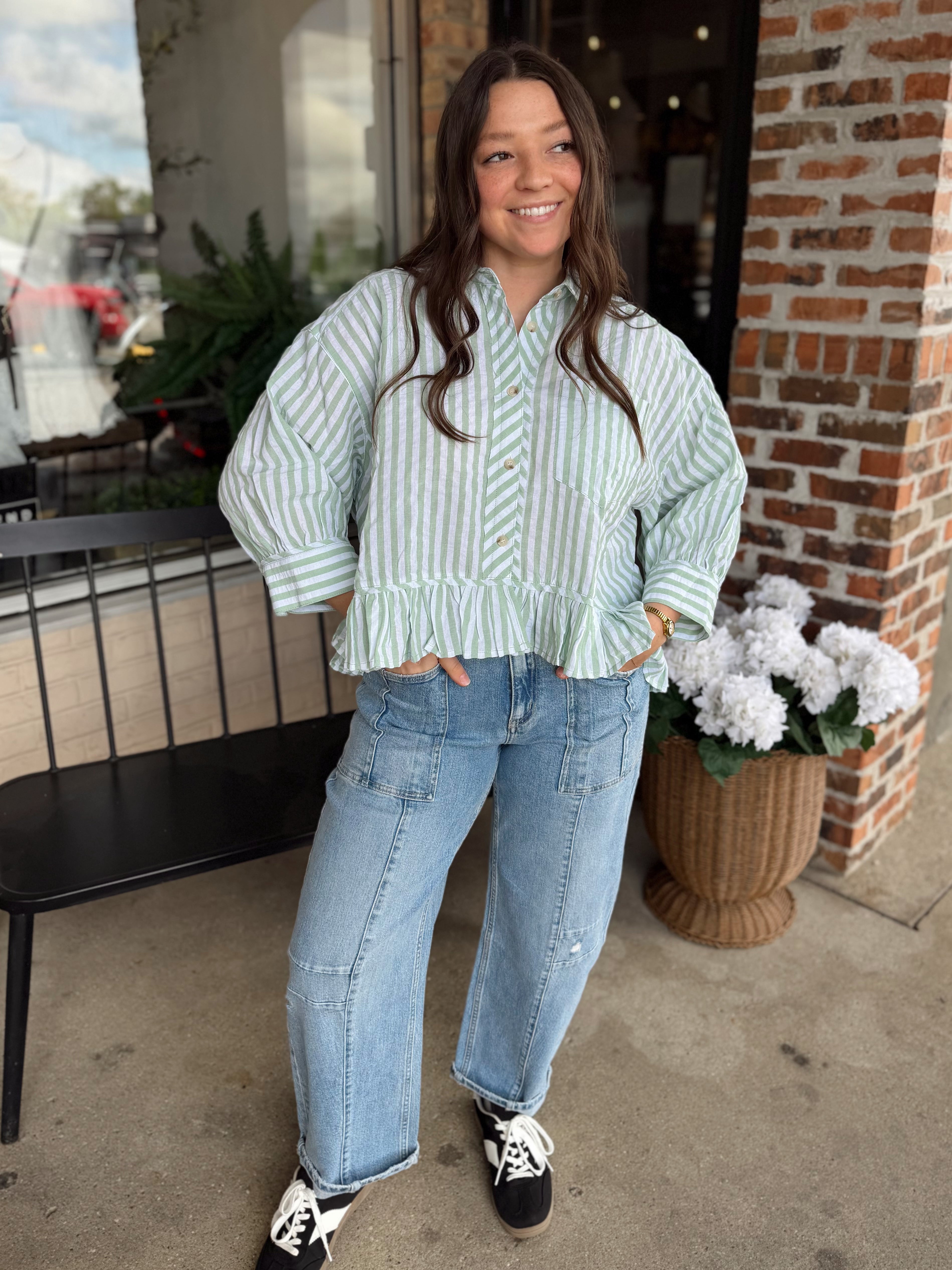 Sage Stripe Frill Hem Top - FINAL SALE