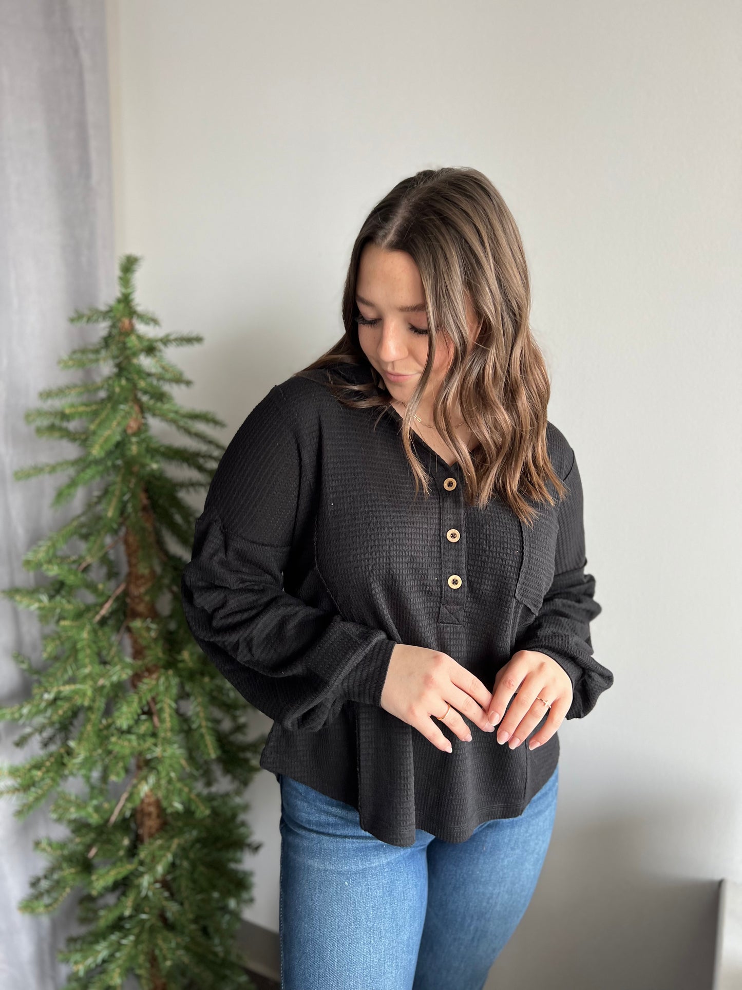 Black Raw Edge Henley