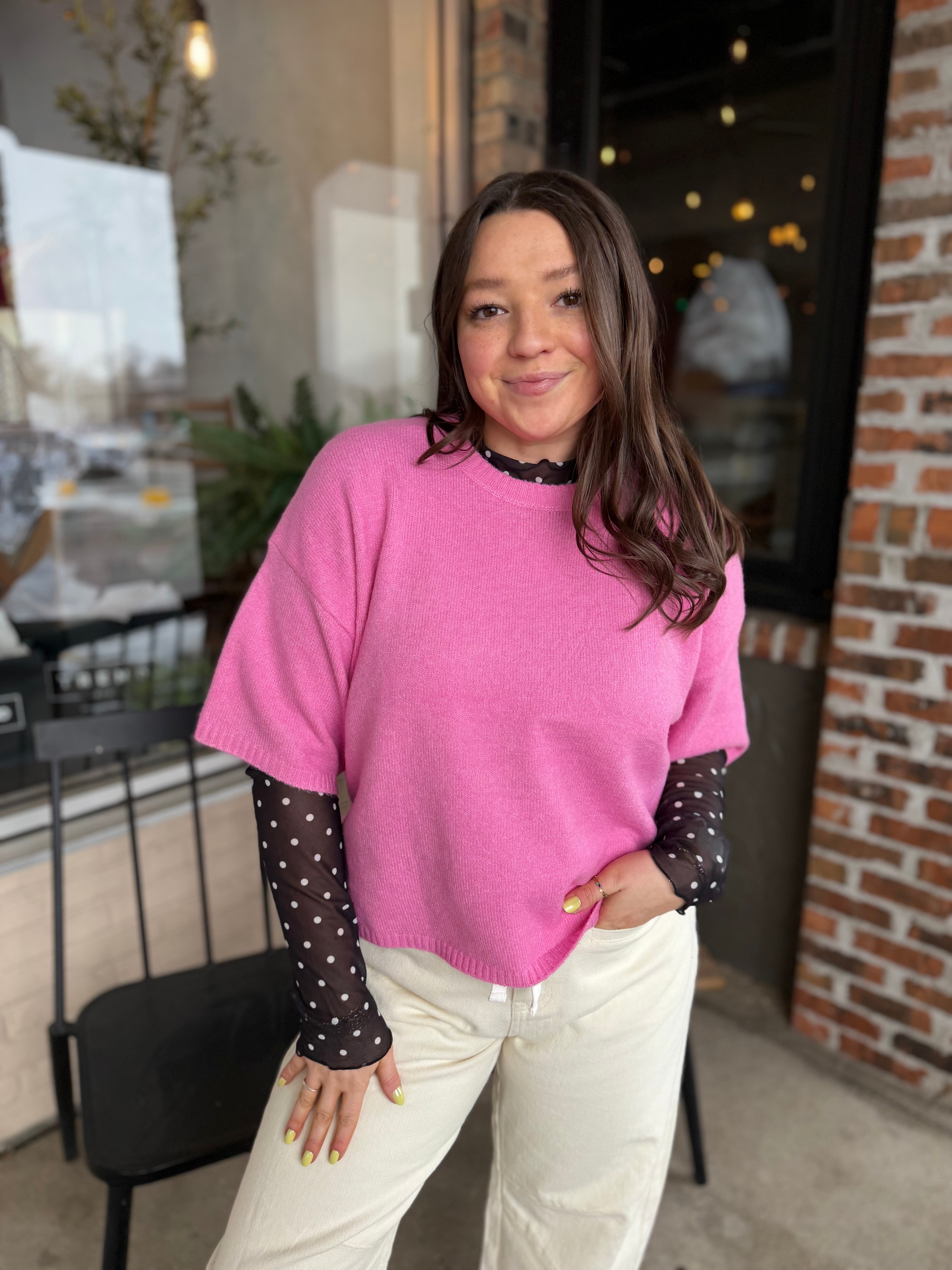 Pink Boxy Short Sleeve Sweater