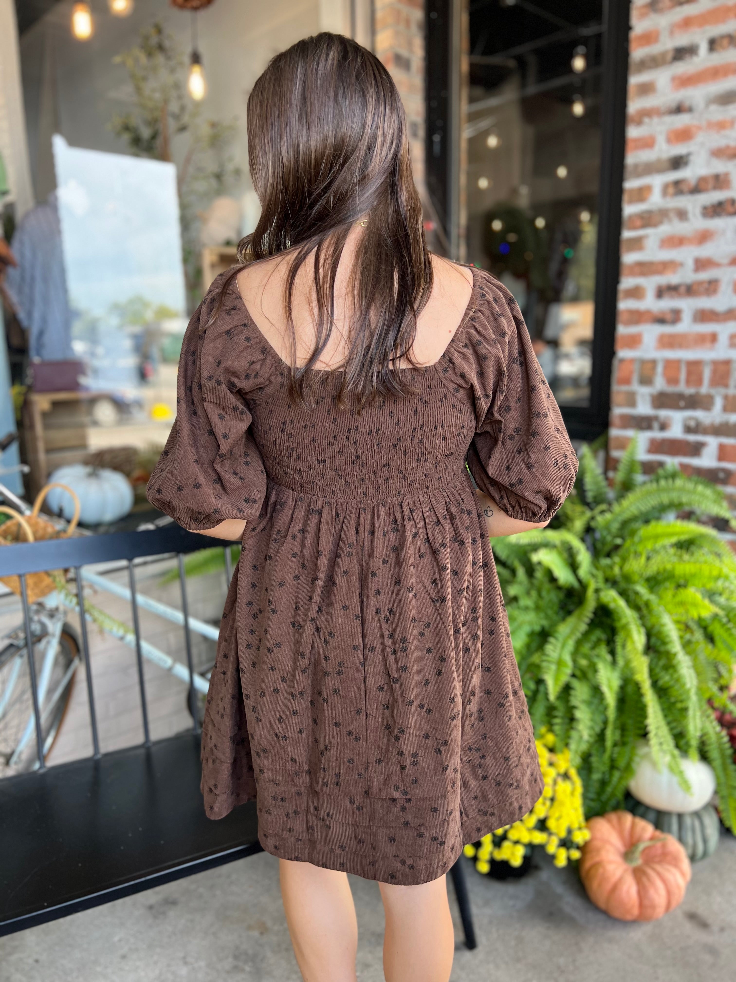 Mocha Floral Corduroy Mini Dress