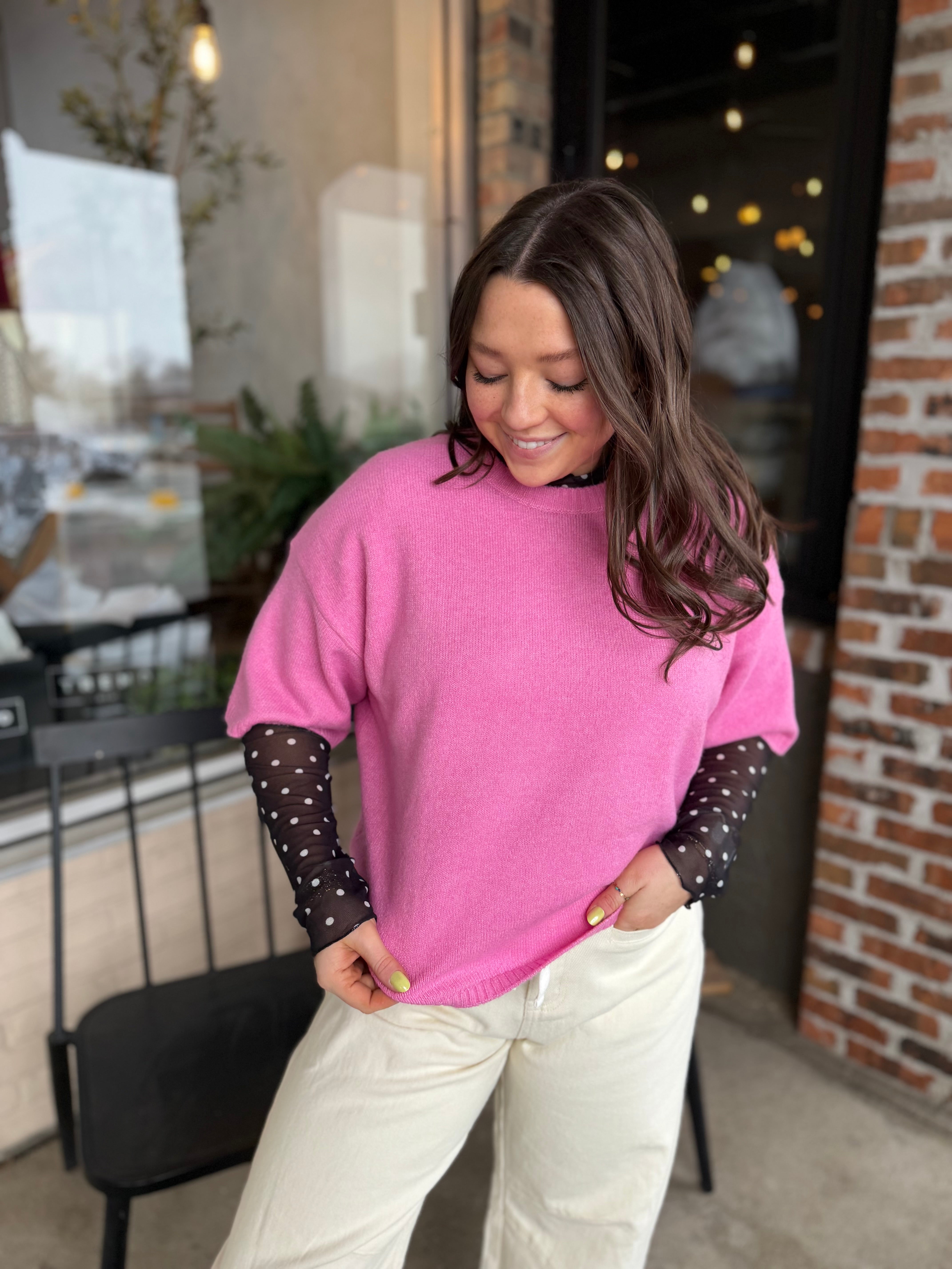 Pink Boxy Short Sleeve Sweater